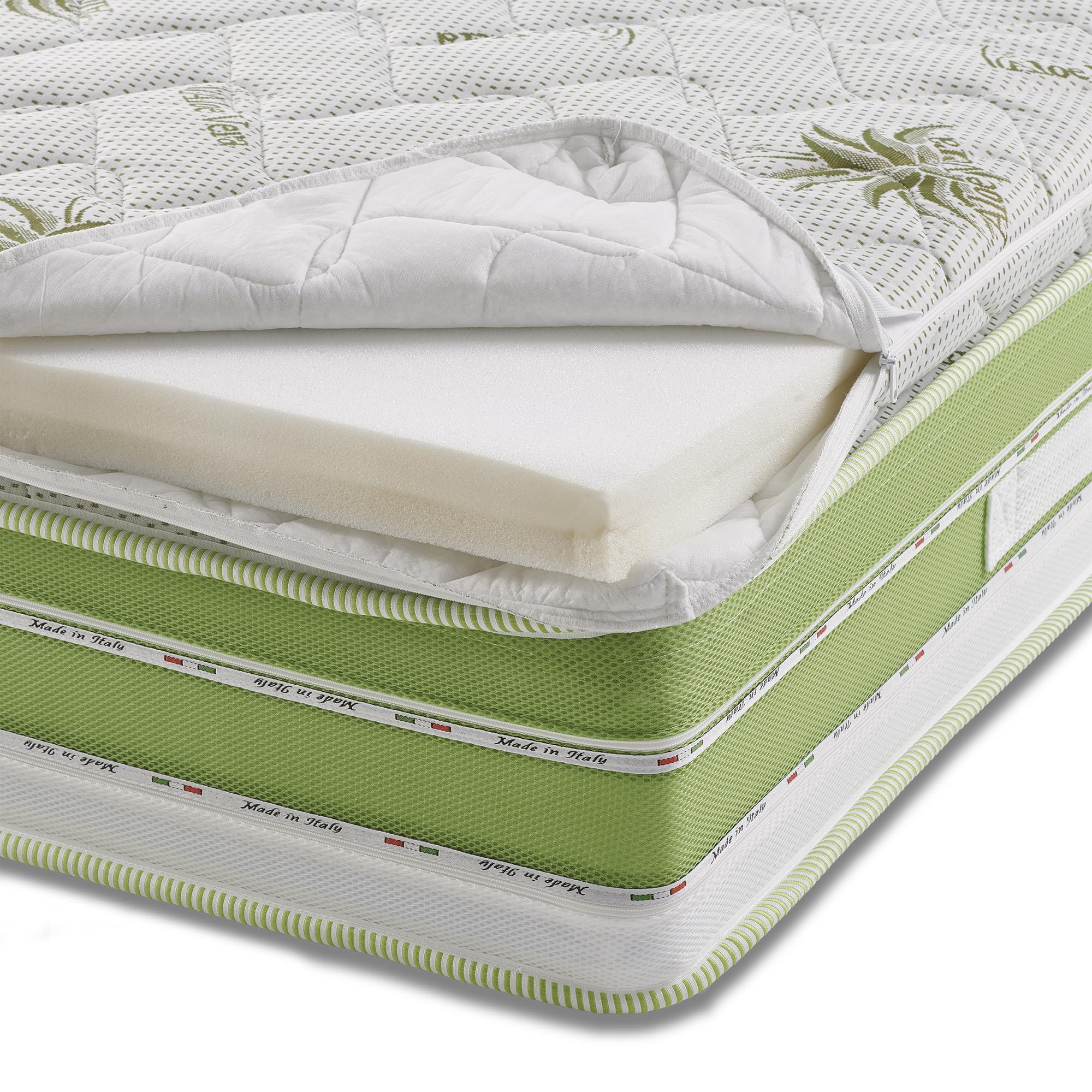 Topper Correttore Memory Matrimoniale in Aloe Vera, 6.8 cm di Altezza, TRAPUNTATO,con Elastici agli Angoli, Sfoderabile, Made in italy 160X190