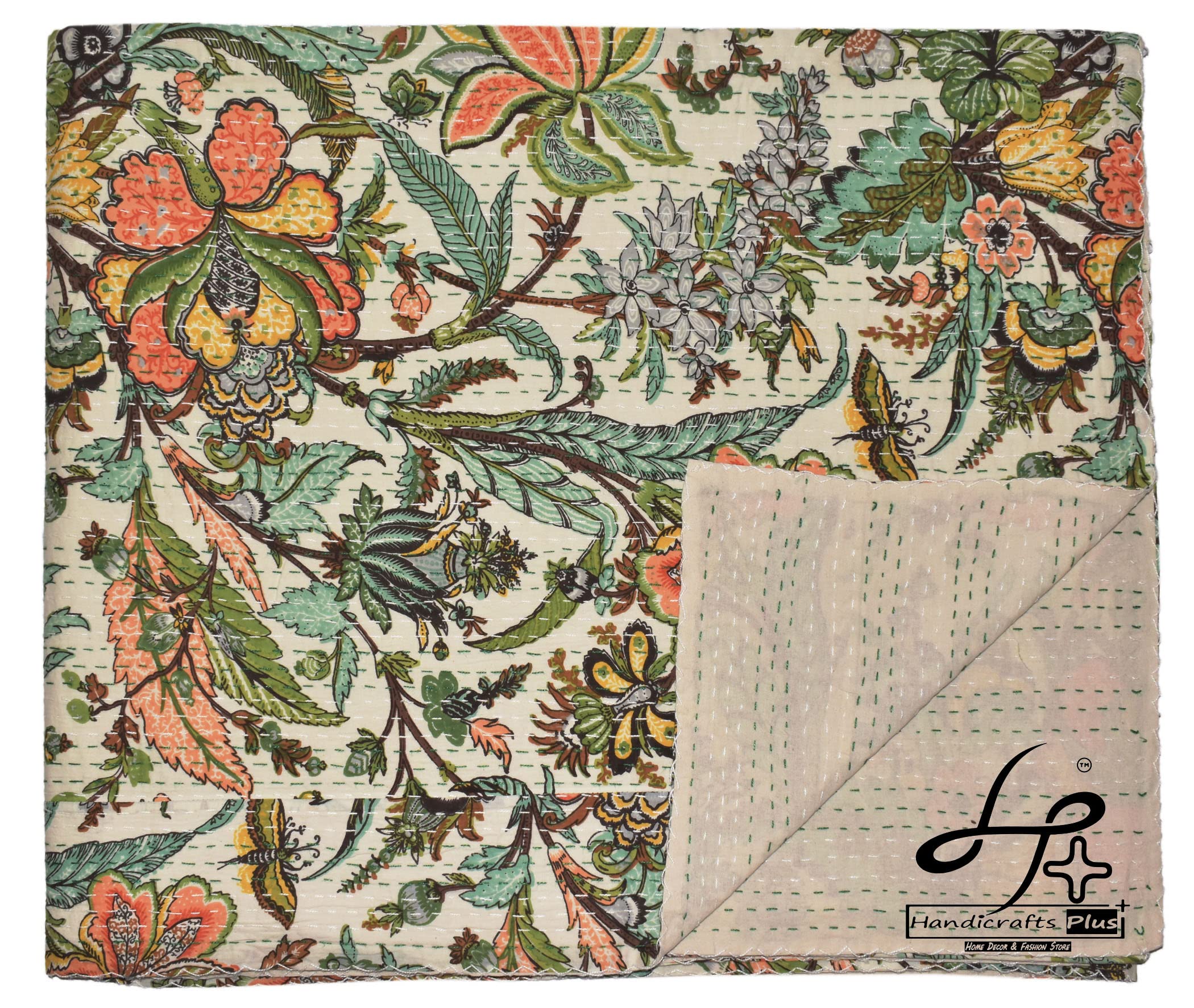 Handicrafts Plus White Kantha Quilt Cotton Bedspread Handmade Bedcover Indian Blanket Butterfly Print Throw Hippie Coverlet King Size Blanket