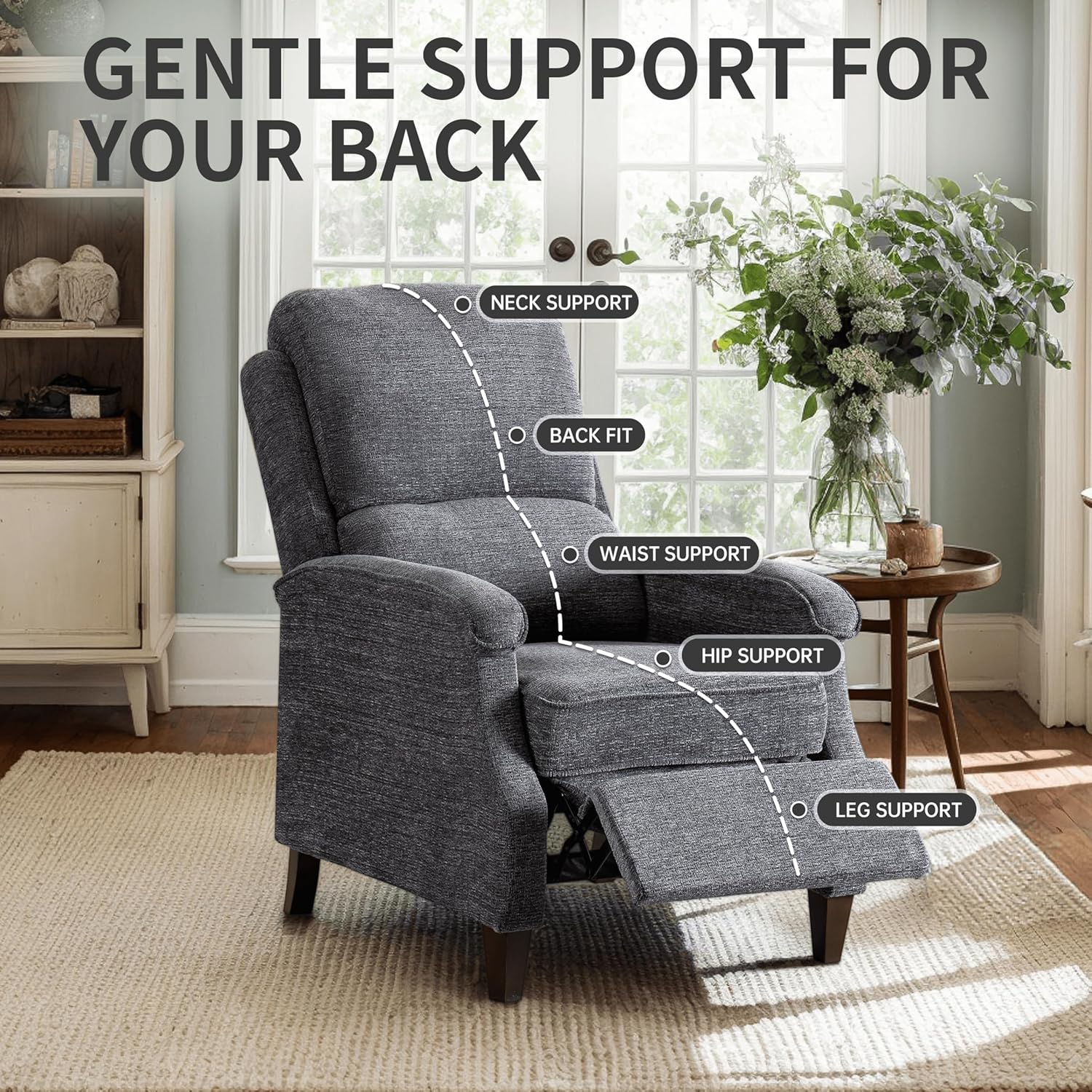 VKNOW Recliner Chair, Fabric Recliner with Soft Armrest, Home Theater Seating with Adjustable Push Back and Lumbar Support, Single Sofa for Adults, Lounge Chair for Living Room, Bedroom（Dark Grey）