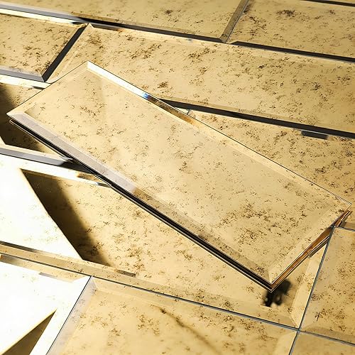 Vista 10 de Diflart Azulejo de espejo para despegar y pegar, azulejo de espejo biselado para cocina, baño, bar, pared decorativa (antiguo, 11.8 x 11.8 pulgadas)