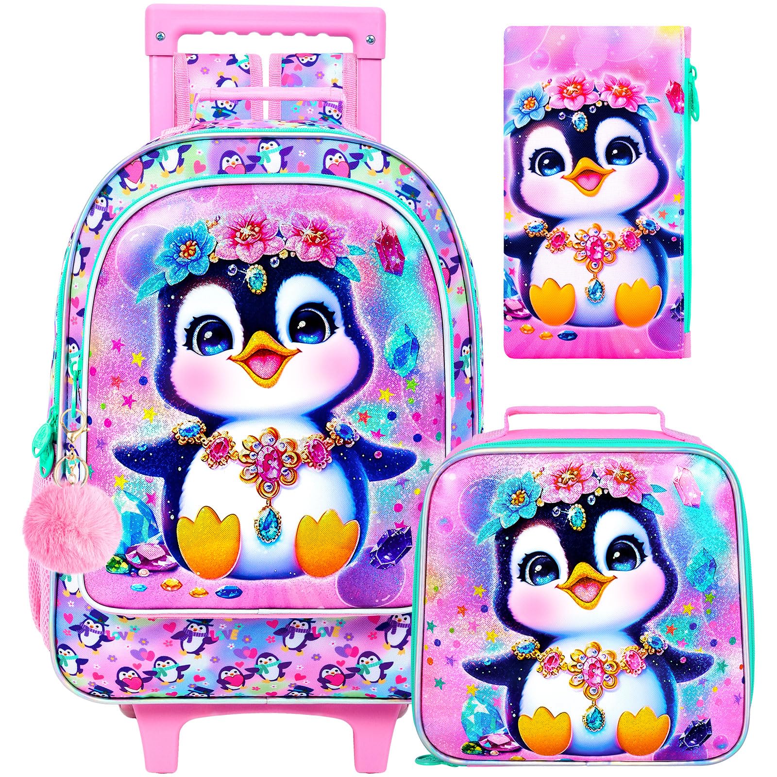 ZLYERT 3Pcs Rolling Backpack for Girls, Penguins Kids School Backpacks with Wheels, Roller Bookbag with Lunch Box for Elementary Preschool(Pink)