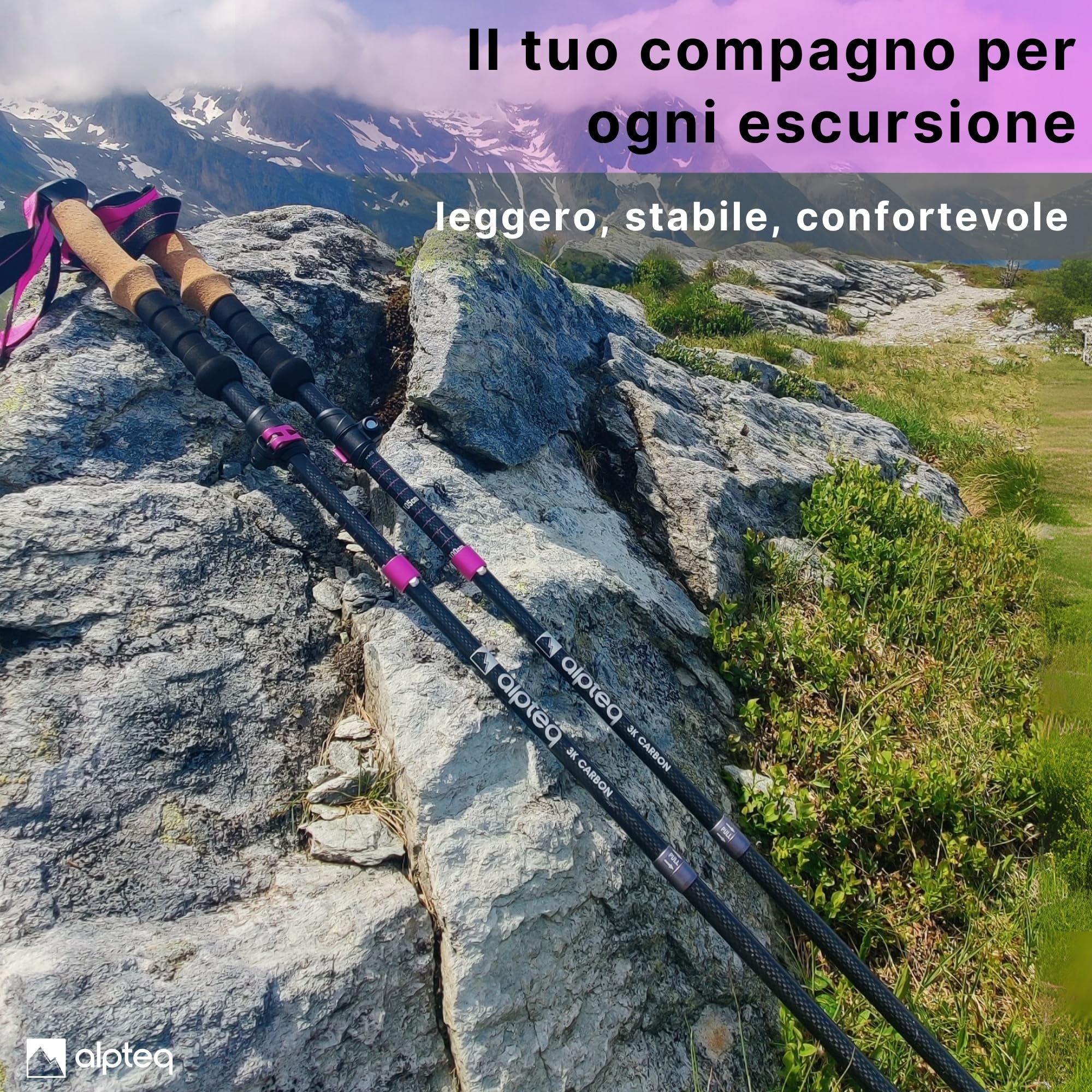 Bastoni da trekking pieghevoli in carbonio con impugnatura in sughero | Bastoni da escursionismo per sport di montagna | Bastoni da nordic walking per donne e uomini | extra leggeri