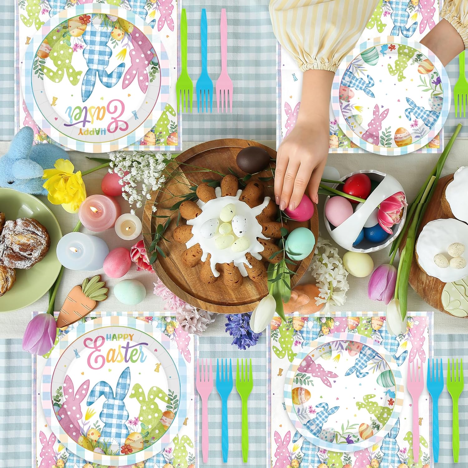 QZYL 120Pcs Easter Plates and Napkins, Disposable Easter Decorations Dinnerware for 30 Guests, Colorful Spring Bunny Paper Plates and Napkins, 9″ and 7″ Tableware for Easter Party Favors Spring Event