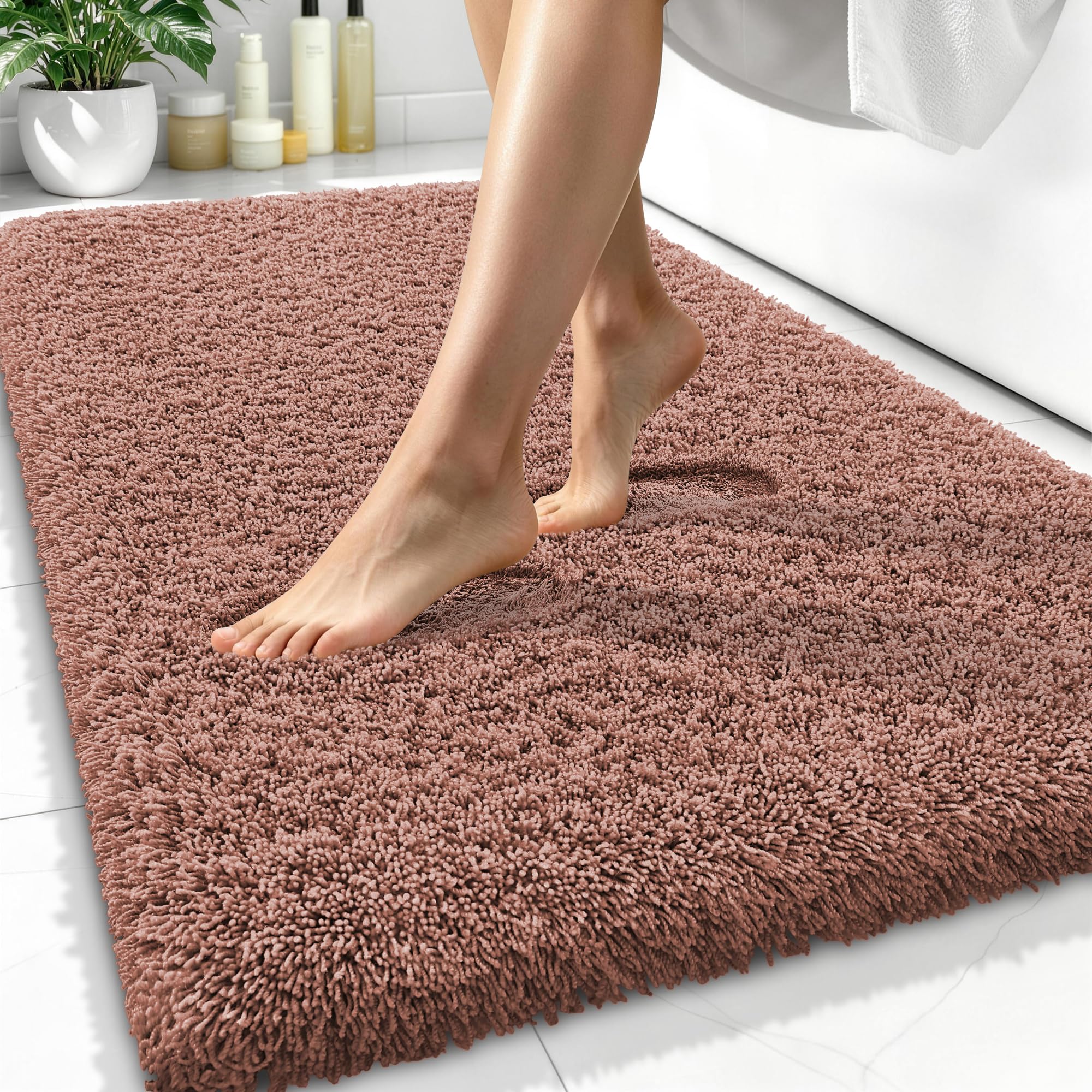 OLANLY Microfiber Bathroom Rugs 34x21, Ultra Soft Absorbent Bath Mat, Mocha