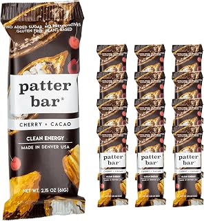 Patterbar Energy Bars - 100% Whole Foods Bar, Gluten Free, Dairy Free, No Added Sugar, Vegan, Whole30 | Plant Based Paleo Snacks, Vegan Protein Bar, Breakfast Bar, Snack Bars, Cherry Cacao, 12-Count