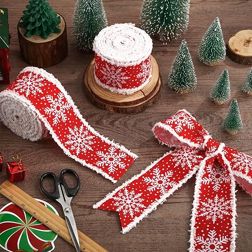 Miniatura 5 de 2 rollos de cinta de copo de nieve con borde con alambre para árbol de Navidad, cinta decorativa de lazos de temporada, cinta de Navidad para