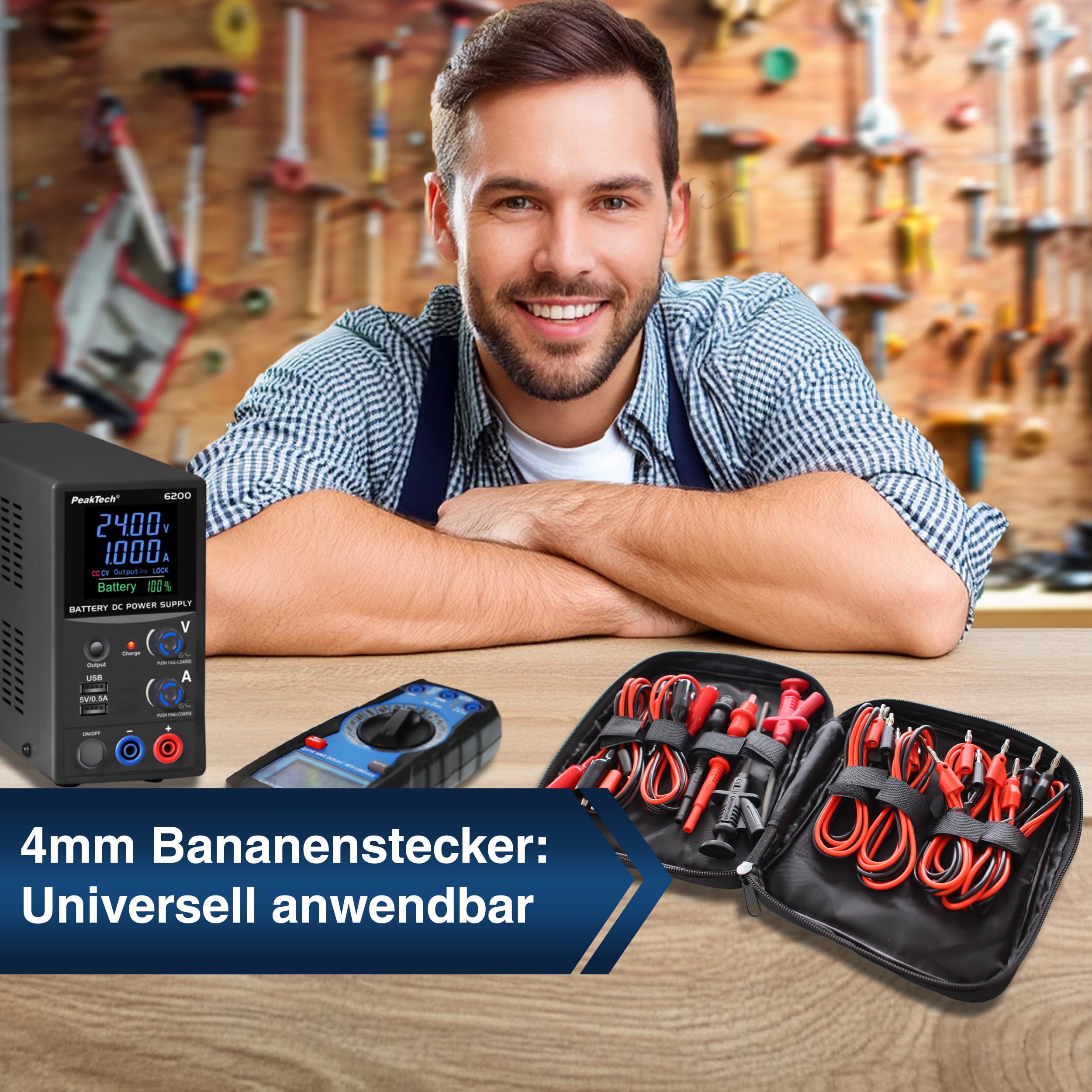 PeakTech P 8201, Set di cavi di misura da 19 pezzi per alimentatore da laboratorio e multimetro, Con sonde di prova, cavo con spina a banana, morsetti a coccodrillo