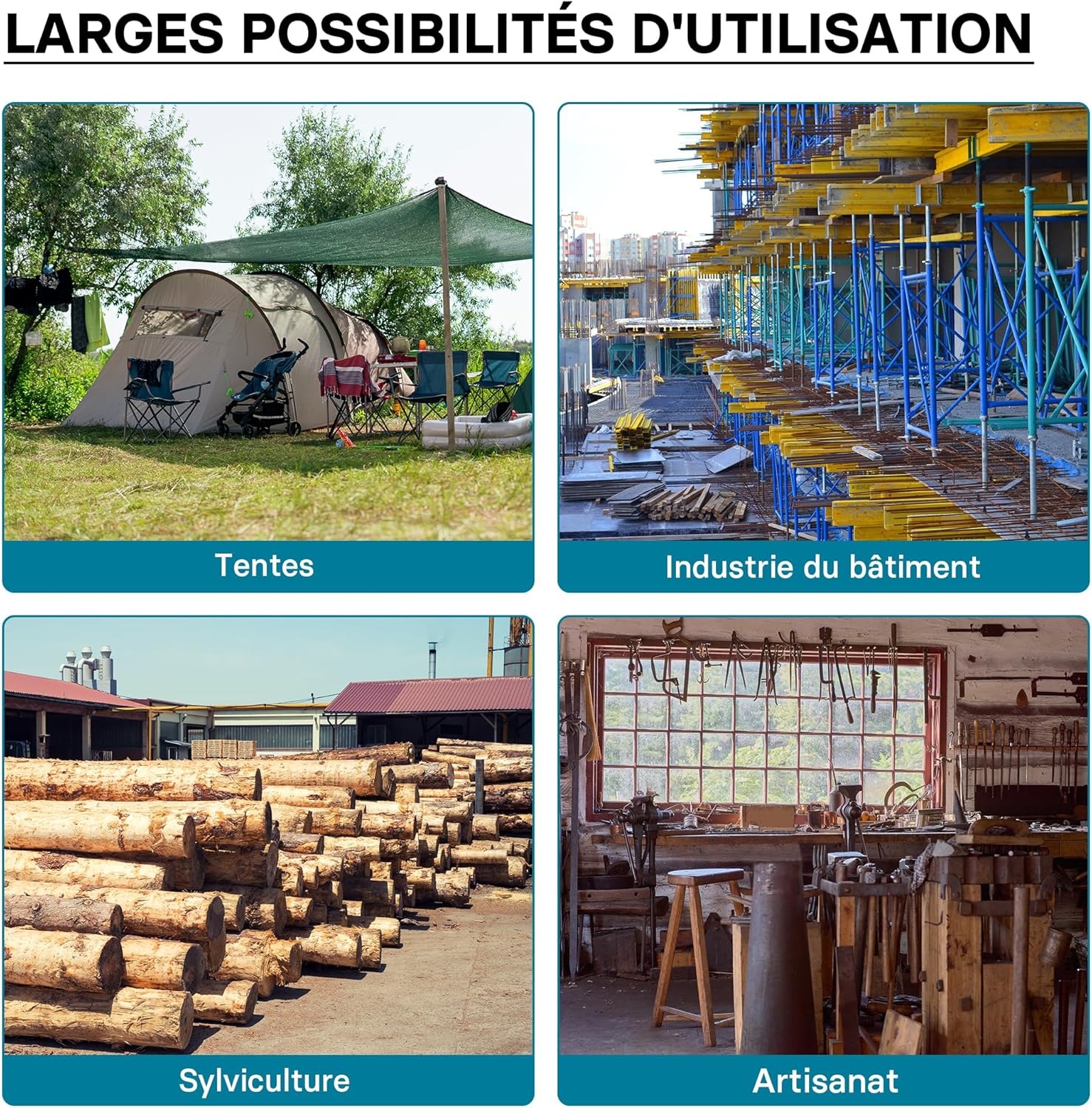 Collage of various applications for the cable winch, including camping, construction, forestry, and workshops