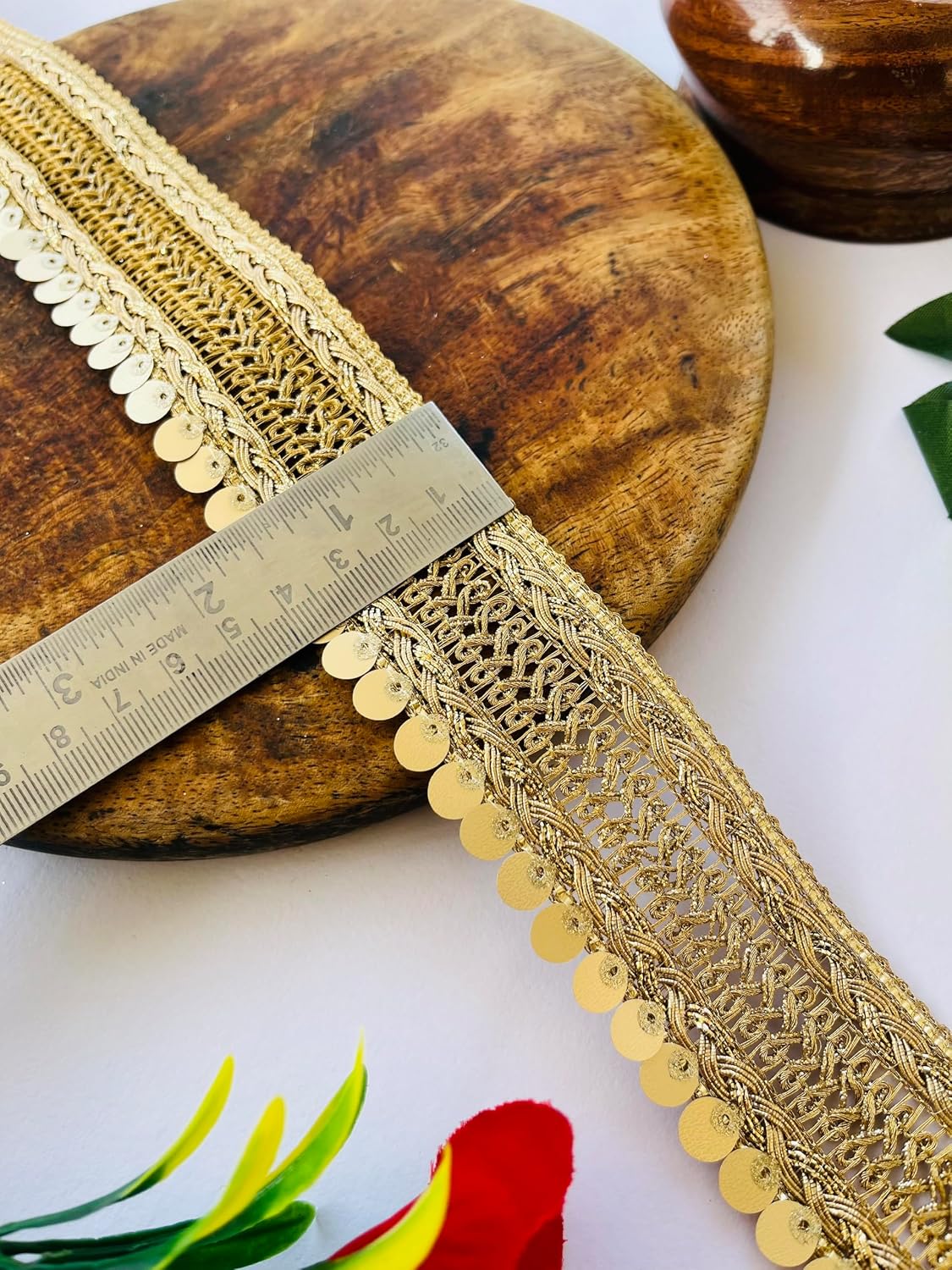 Golden Sequin Zari Embroidered Lace Trim – 1.6 Inch Wide Narrow Border for Sarees, Lehengas, Blouses, Wedding Decor & Crafts | Available in 1, 3, 6 Yard (6)