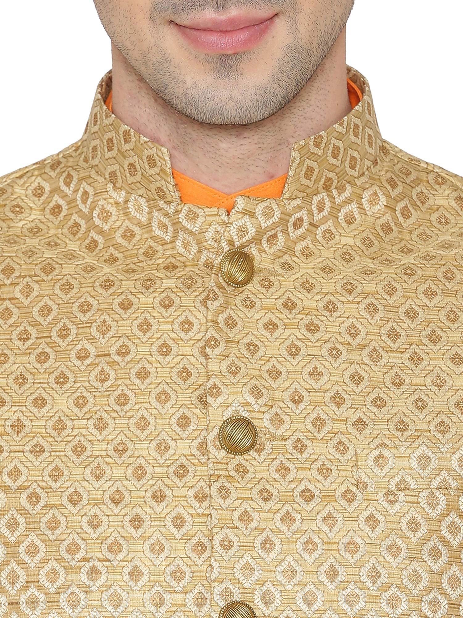 WINTAGE Men's Banarasi Rayon Cotton Casual and Festive Nehru Jacket Vest Waistcoat : Gold 2