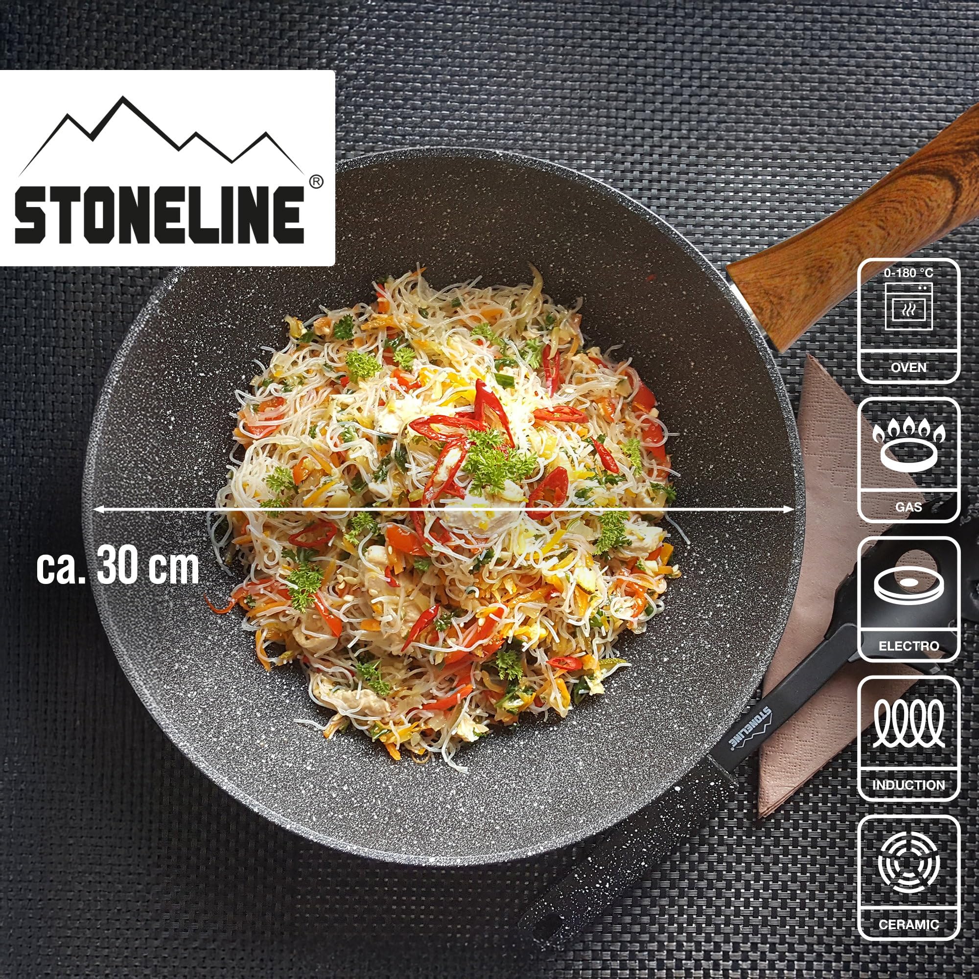 STONELINE Back to Nature Made in Germany Wok 30 cm, auch für öl- und fettfreies Braten, Wok Pfanne beschichtet mit echten Steinpartikeln, Wok Induktion und backofengeeignet