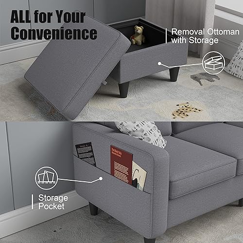 Miniatura 8 de Sofá seccional convertible gris claro, sofá en forma de L de 3 asientos con otomana de almacenamiento reversible y bolsillos, moderno sofá tapizado