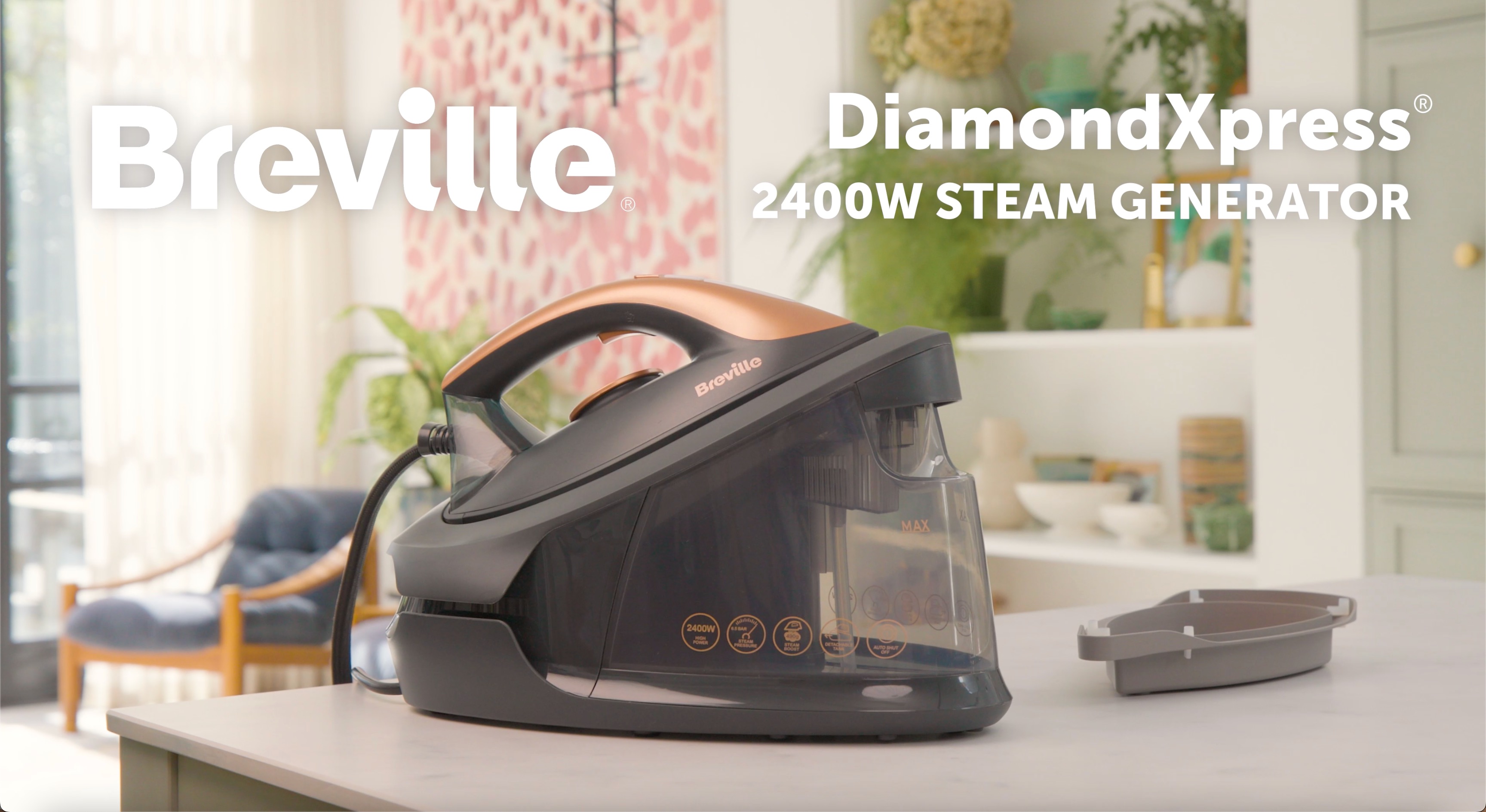 Breville Fer à Repasser DiamondXpress 2800W Semelle Diamant Céramique - Réservoir 400ml Blanc Or Rose