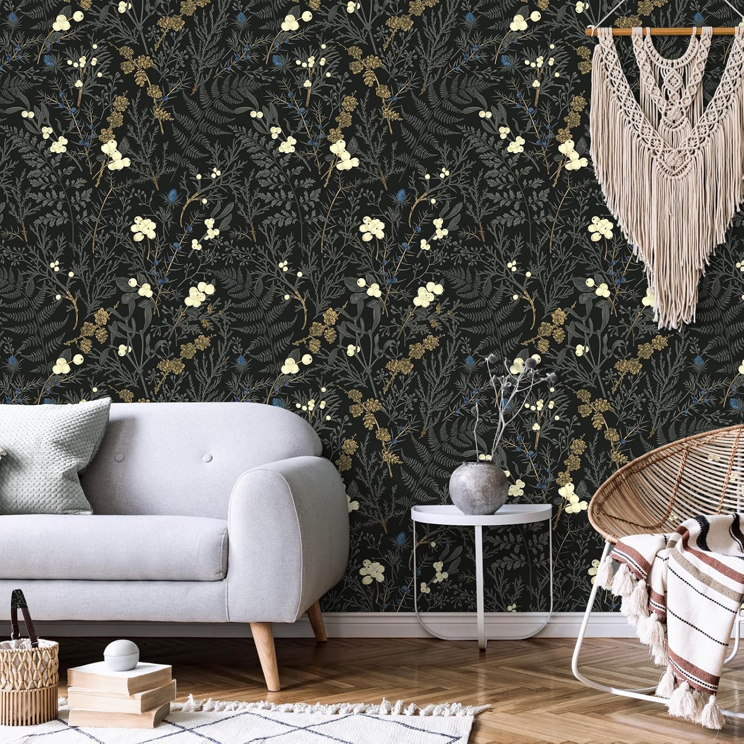 VEELIKE Black Fern Wallpaper Peel and Stick Vintage Dark Botanical Forest Wallpaper for Bedroom Living Room Renters 17.7''x354'' Self Adhesive Fern Wall Mural Contact Paper for Walls Cabinets Shelves