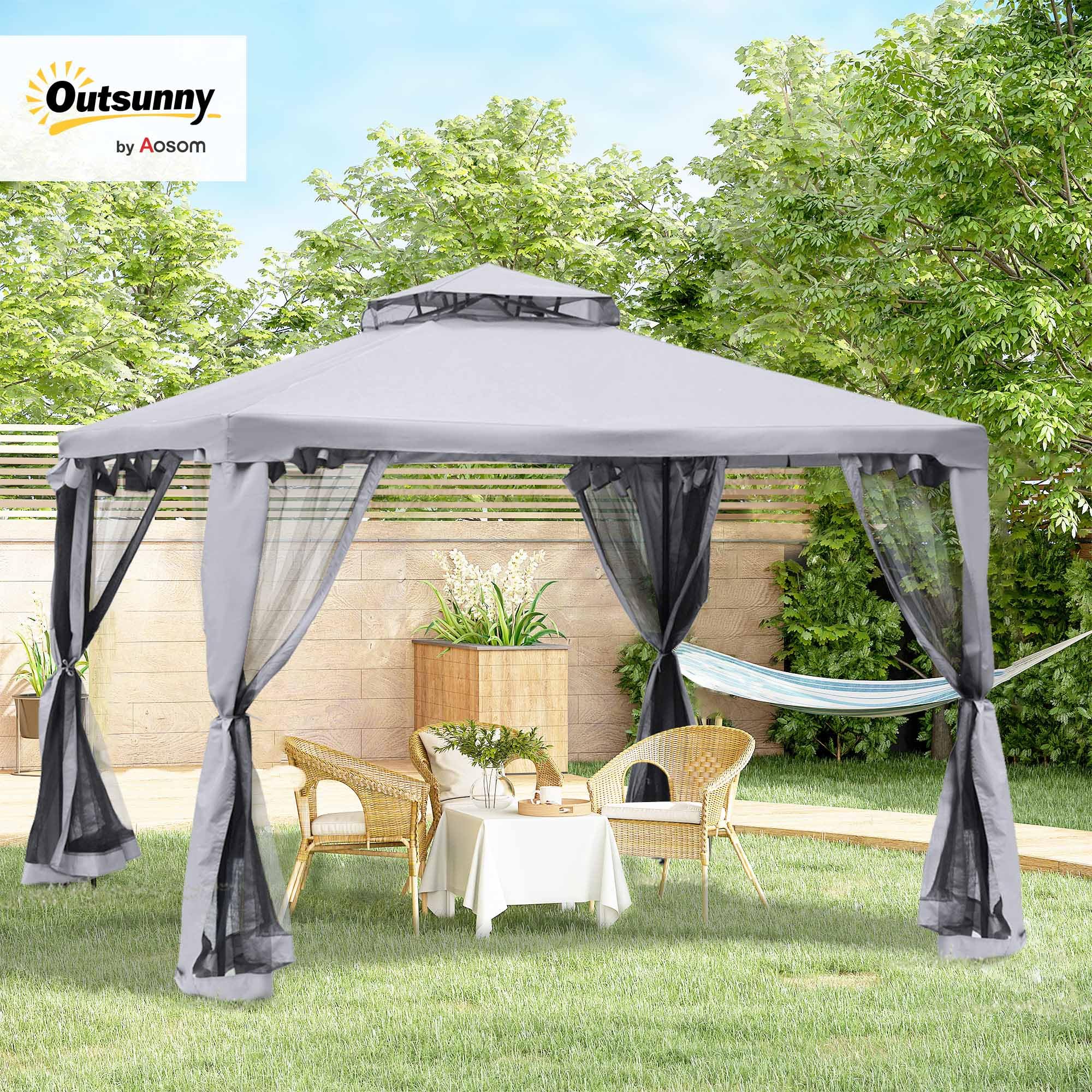 Outsunny Pawilon z podwójnym dachem, ok. 3 x 3 m, wodoszczelny, stabilny, zimowy pawilon ogrodowy z moskitierą, części boczne, pawilon ogrodowy z metalu, do ogrodu, na taras, jasnoszary