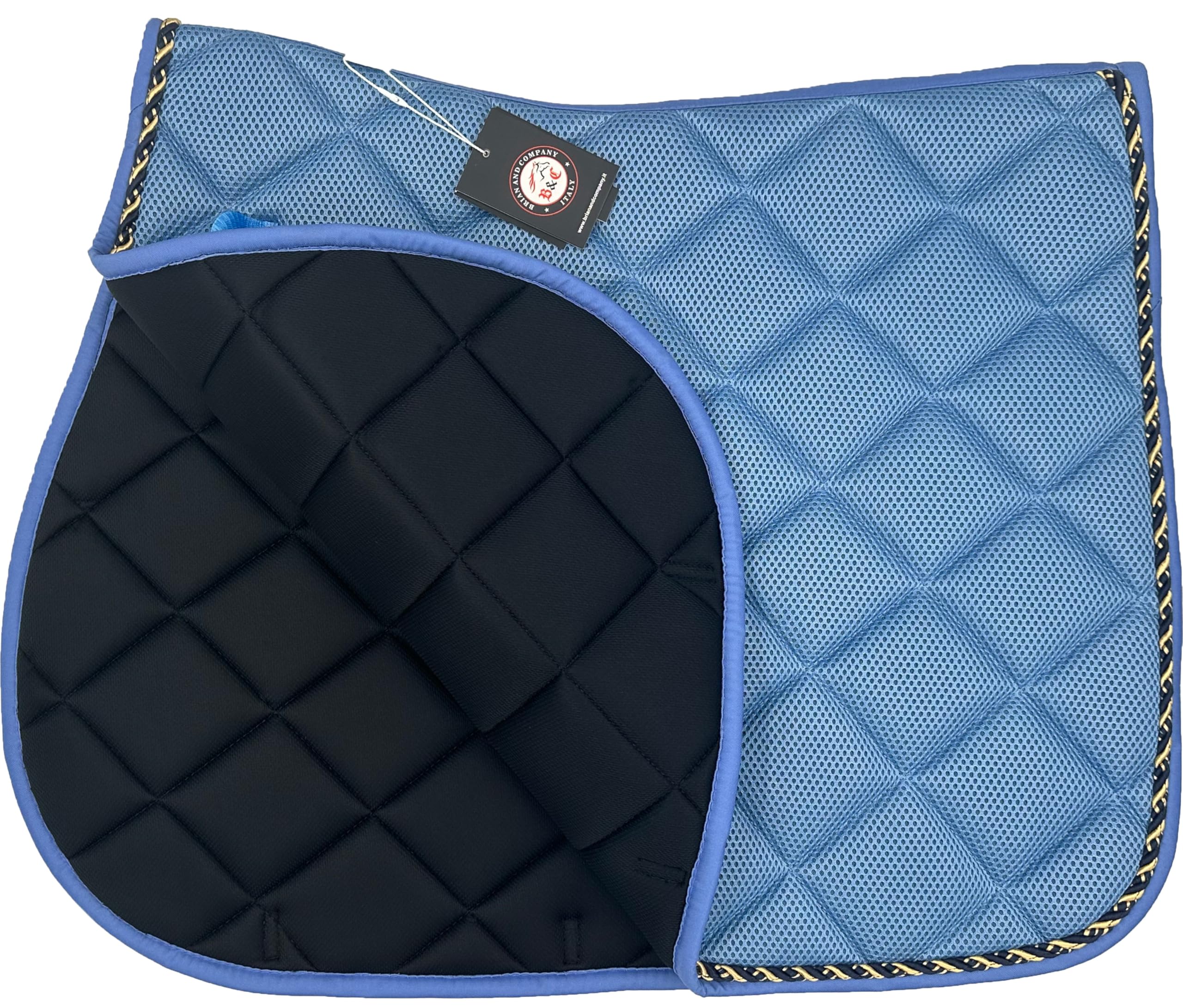 Sottosella Equitazione Traspirante, Lacci di Posizionamento con Chiusura a Strappo, Bordatura Elegante in Cordina Inglese, Completo di Cuffia Coordinata (AZZURRO, FULL)