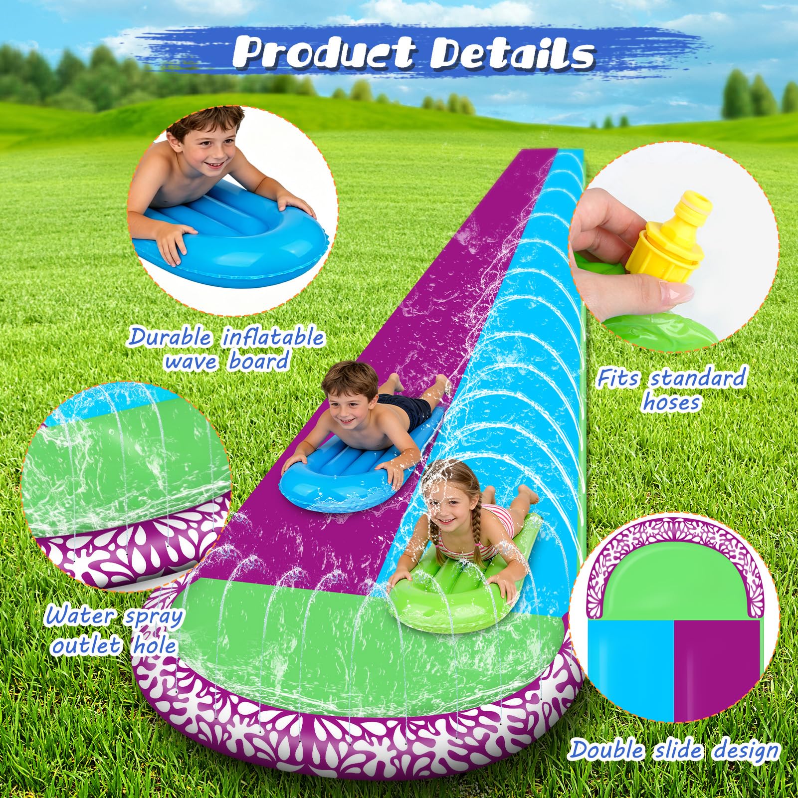 Wasserrutsche Garten 610x240cm mit 2 Bodyboards Doppelrutsche Eingebautem Sprinkler Sommer-Wasserspielzeug