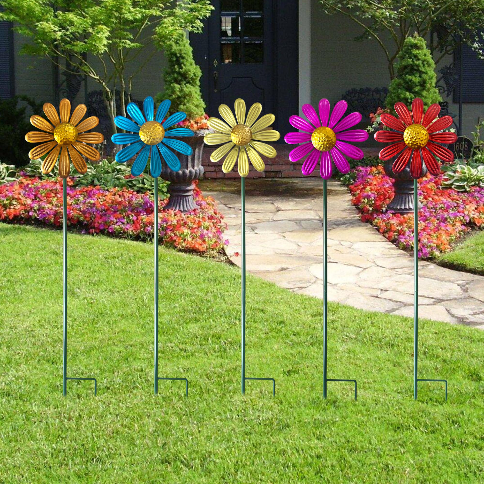 Manortang 5pcs Wind Spinners Outdoor Metal Small Pinwheels Colorful Flowers Garden Stakes 27