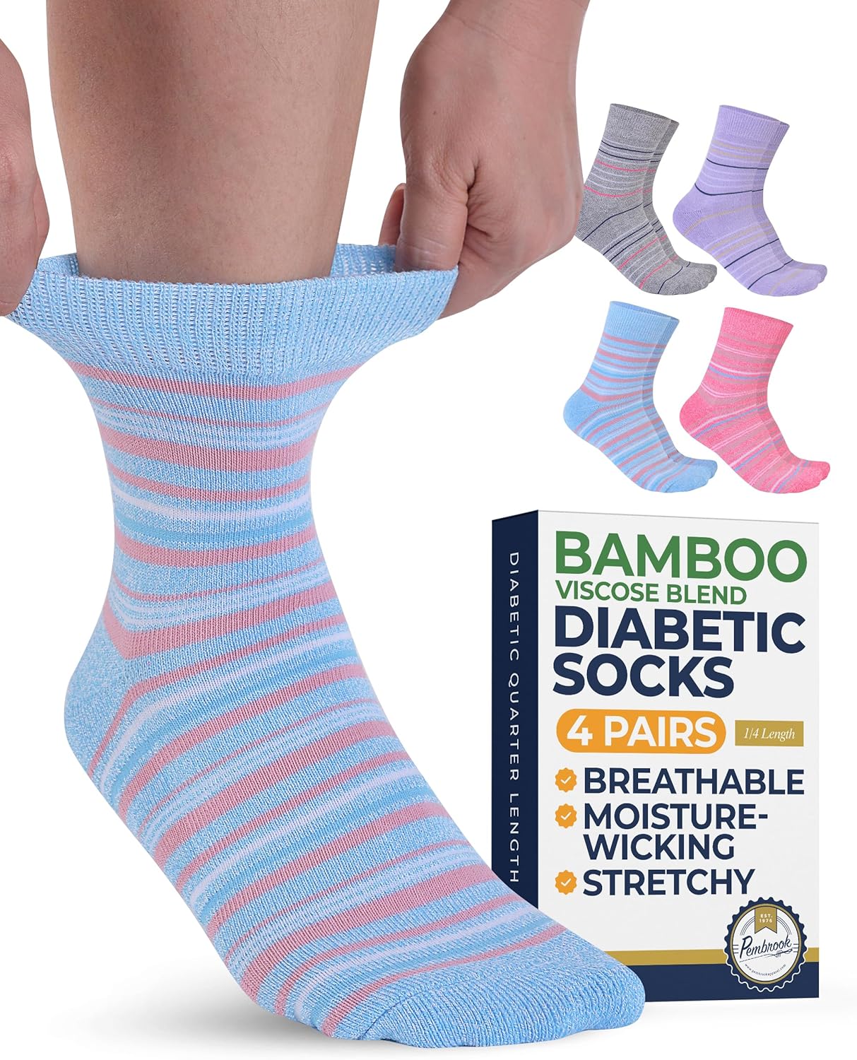 Pembrook Ankle Diabetic Socks for Women & Men - 4 Pairs Stripes (Gray, Purple, Pink, Light Blue) Moisture-Wicking, Wide Top, Quarter Non Binding Socks