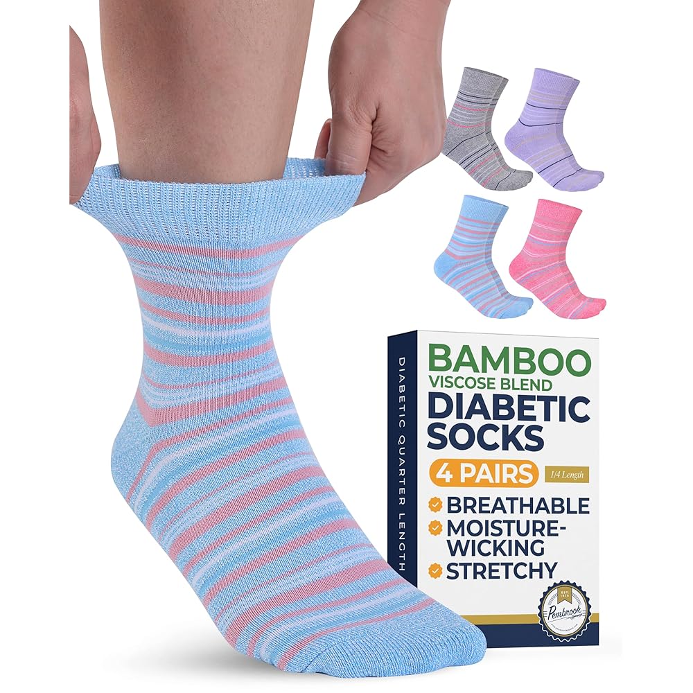 Pembrook Ankle Diabetic Socks for Women & Men - 4 Pairs Stripes (Gray, Purple, Pink, Light Blue) Moisture-Wicking, Wide Top, Quarter Non Binding Socks