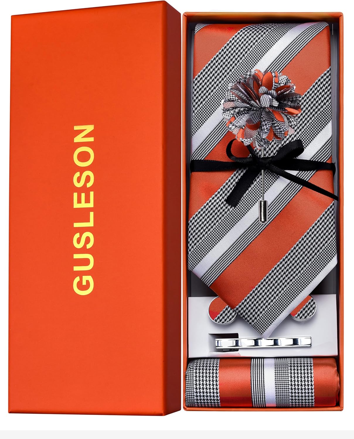 GUSLESON Striped Tie Set for Men Necktie and Pocket Square,Tie Clip,Cufflinks, Lapel Pin Sets with Gift Box 5PCS - Image 3
