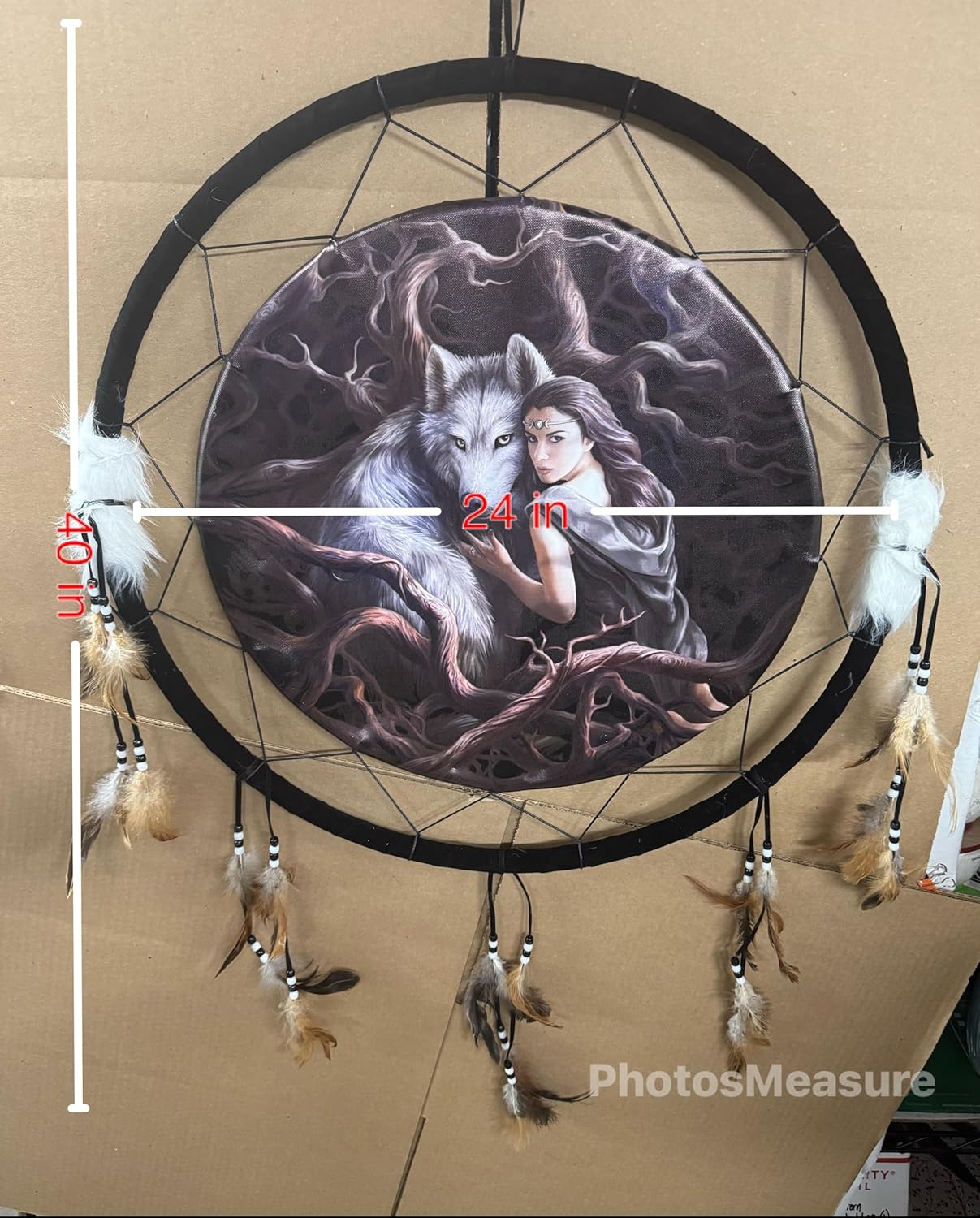New 24" Anne Stokes Design Soul Bond Mysterious Girl with Grey Wolf Hanging Dream Catcher with Feathers & Beads