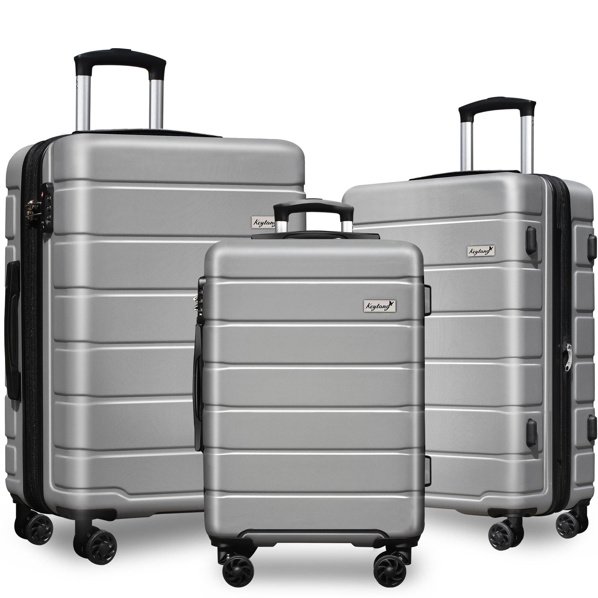 KEYTANG Explorer Lightweight Hardshell 20% Expandable 3-Piece Luggage Set with TSA Lock, Double Spinner Wheels, and Carry-On Suitcase, Silver