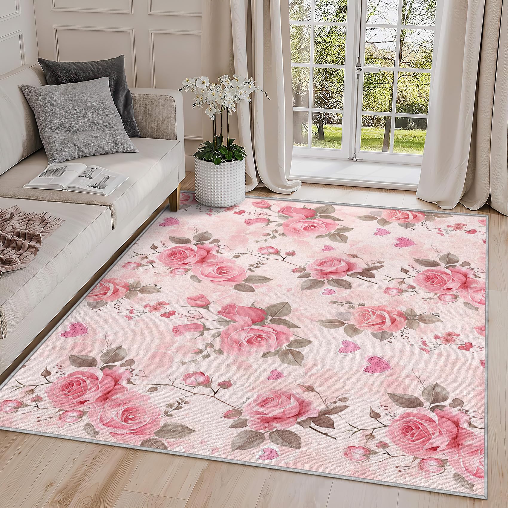 SherAvant Floral Home Decor 4' x 6' Area Rug - Pink Rose Flower - Girls Botanical - Spring Carpet - Soft Flannel - Non-Slip - Easy To Clean