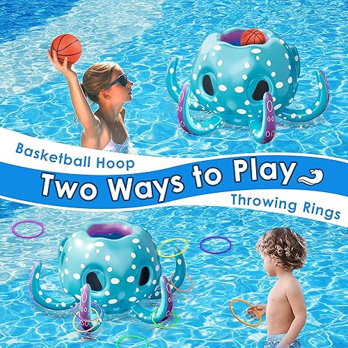 Miniatura 2 de iPlay, iLearn Juguetes de piscina de pulpo para niños, 2 en 1, juego inflable de baloncesto y lanzamiento de anillo, juego acuático para interiores