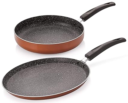 Nirlon Brownie Granite 2-Piece Aluminium Non Stick Dishwasher Safe Cookware Flat Tawa & Fry Pan Combo Set