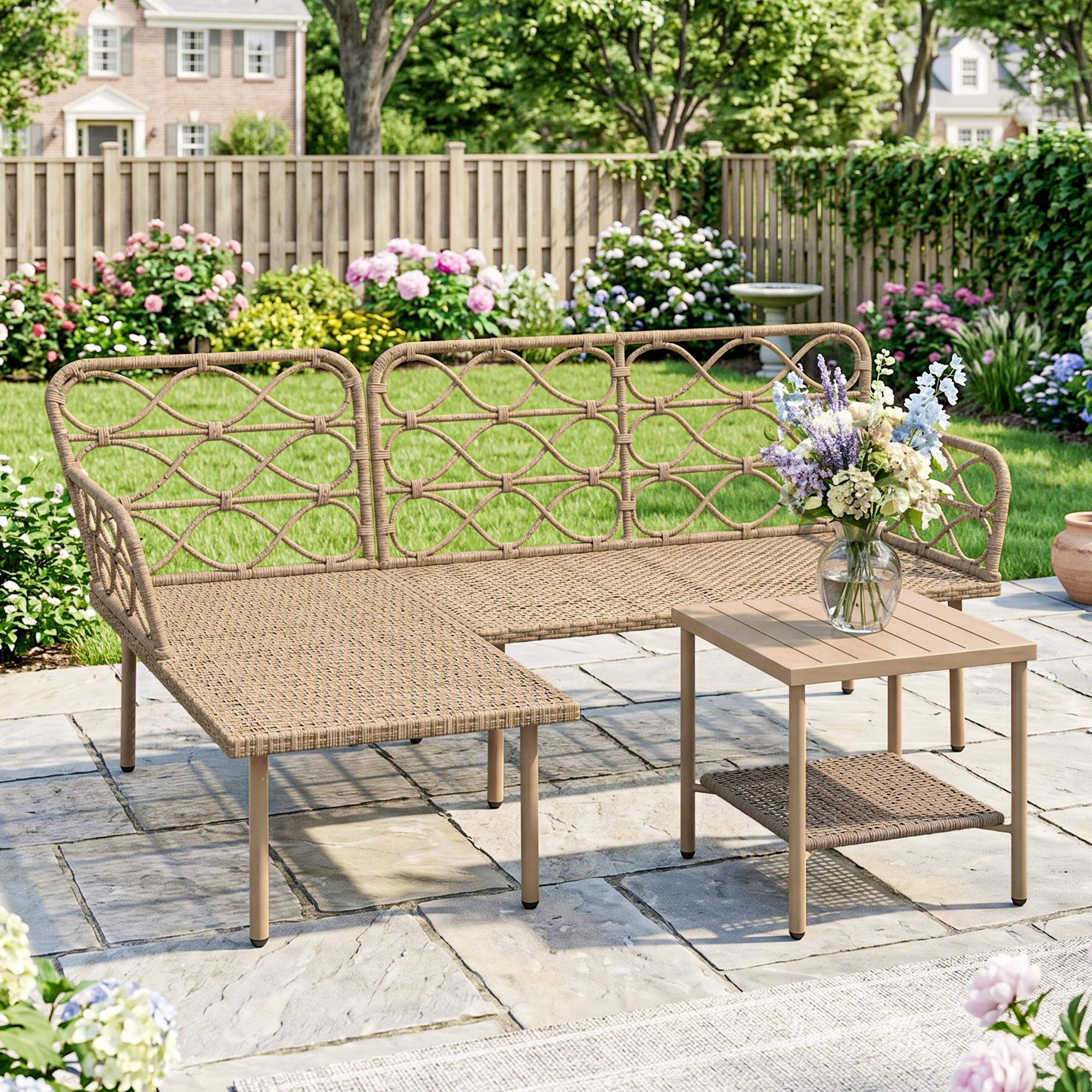 Outsunny Set Giardino Rattan 3 Pezzi Salotto Esterno Divanetto 2 Posti Chaise Longue Cuscini Lavabili Tavolino Caffè Crema
