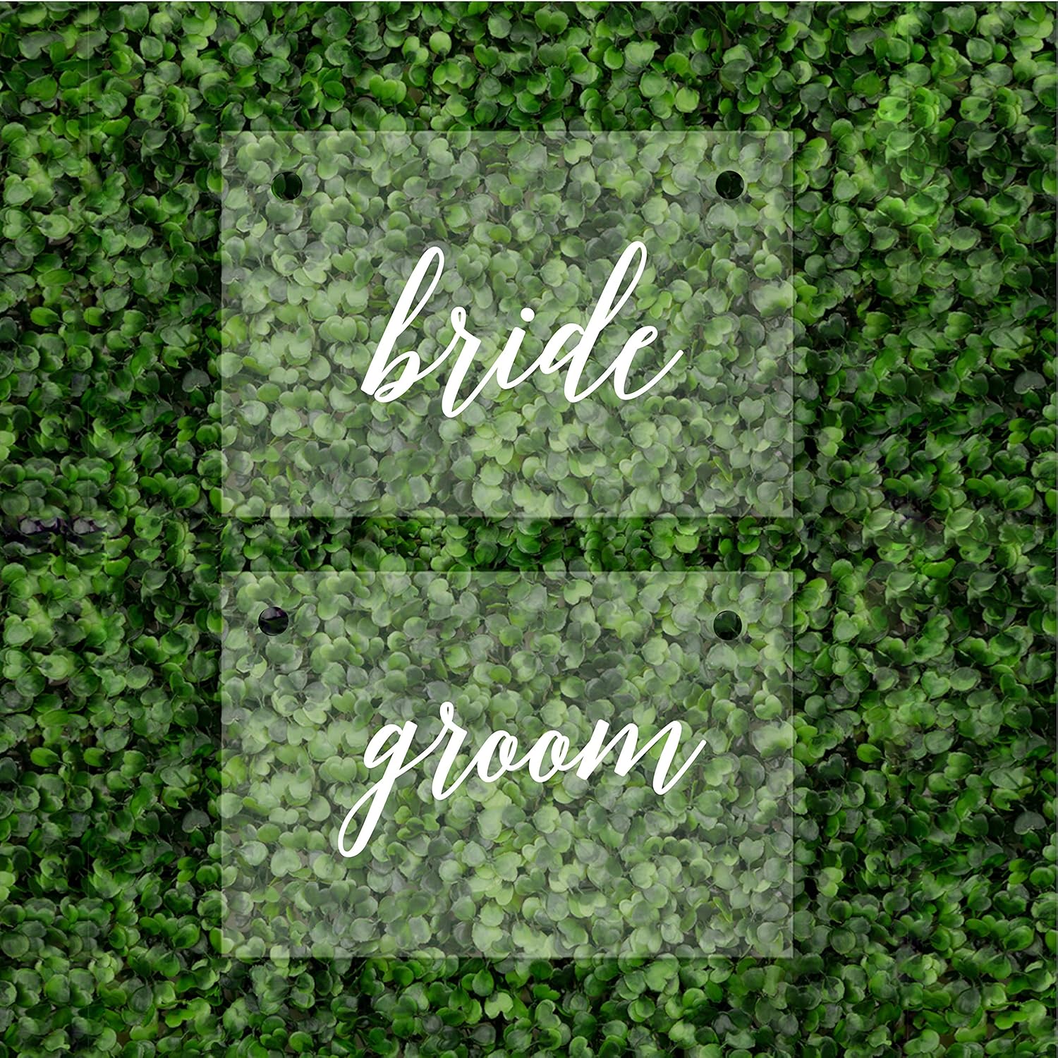 Andaz Press Bride Groom Acrylic Chair Signs, 7.5 x 11 Inch, Set of 2 Scripted White Font Rectangular Chair Back Signs for Wedding Reception, Sweetheart Table, Bridal Shower, Signage, Backdrop