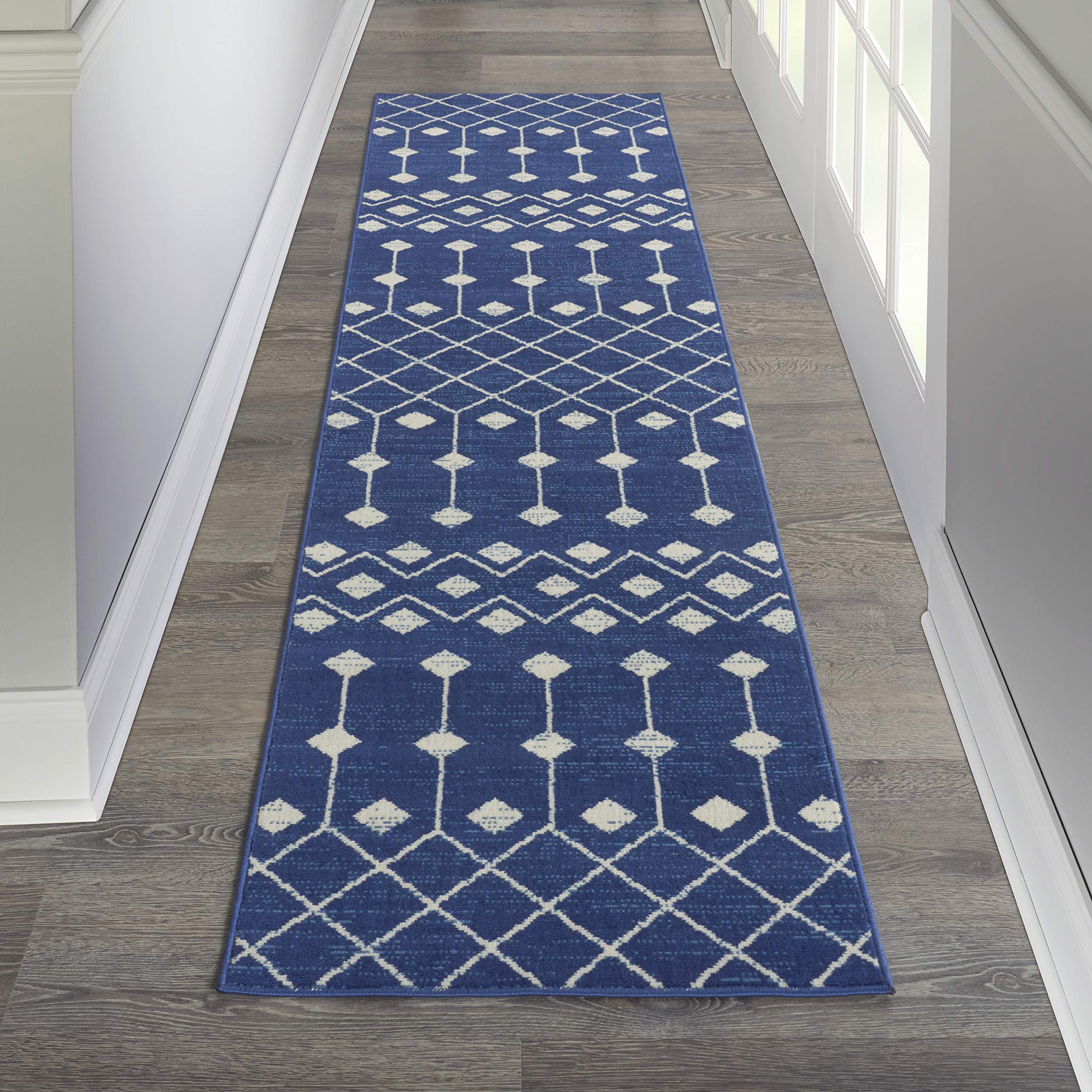 Nourison Grafix Moroccan Navy 2'3" x 10' Area Rug, Easy Cleaning, Non Shedding, Bed Room, Living Room, Dining Room, Kitchen (2x10)
