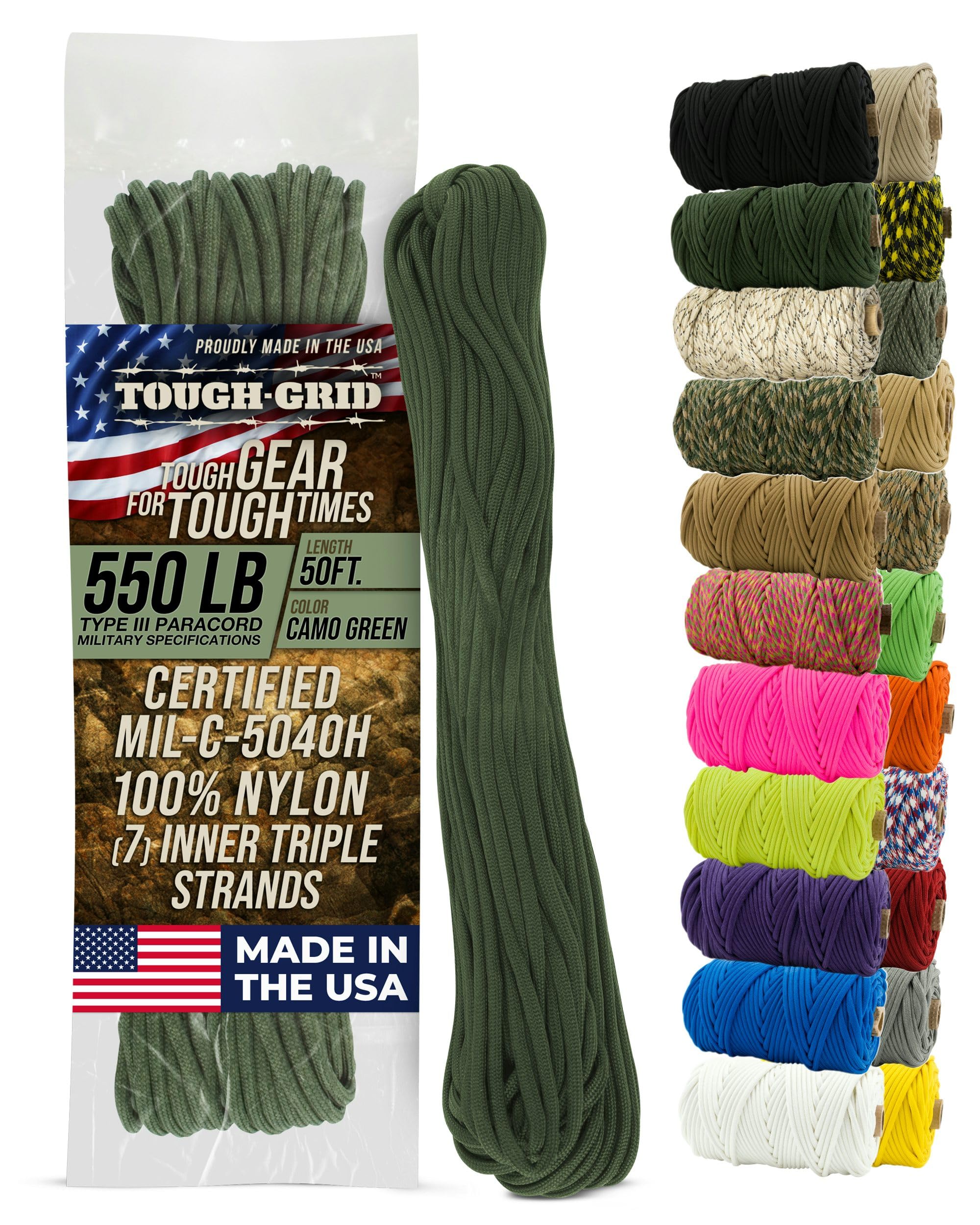 TOUGH-GRID 550lb Paracord/Parachute Cord - 100% Nylon Genuine Mil-Spec Type III Paracord Used by The US Military - Great for Bracelets and Lanyards 50Ft. - Camo Green-image-48