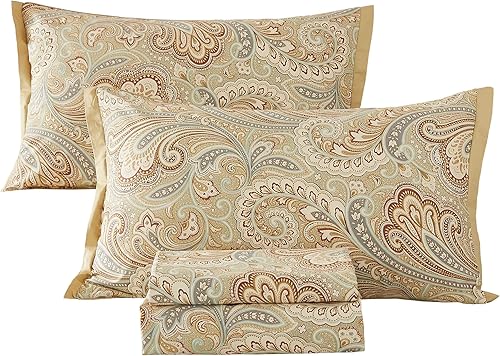 ABREEZE Juego de sábanas de lujo 100% algodón natural puro, juego de ropa de cama de 4 piezas con estampado de cachemira dorada, calidad de hotel,