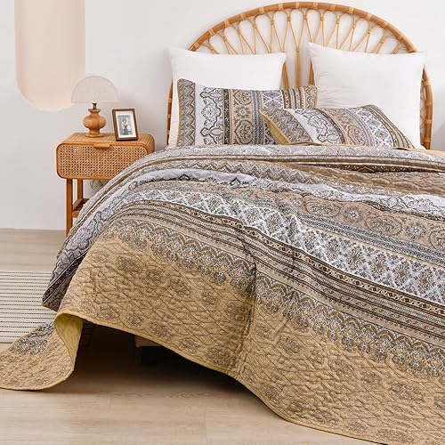 Vista 146 de WONGS BEDDING Juego de edredón bohemio tamaño Queen Aqua, juego de colcha de 3 piezas a rayas, de microfibra ligera y suave bohemia para todas