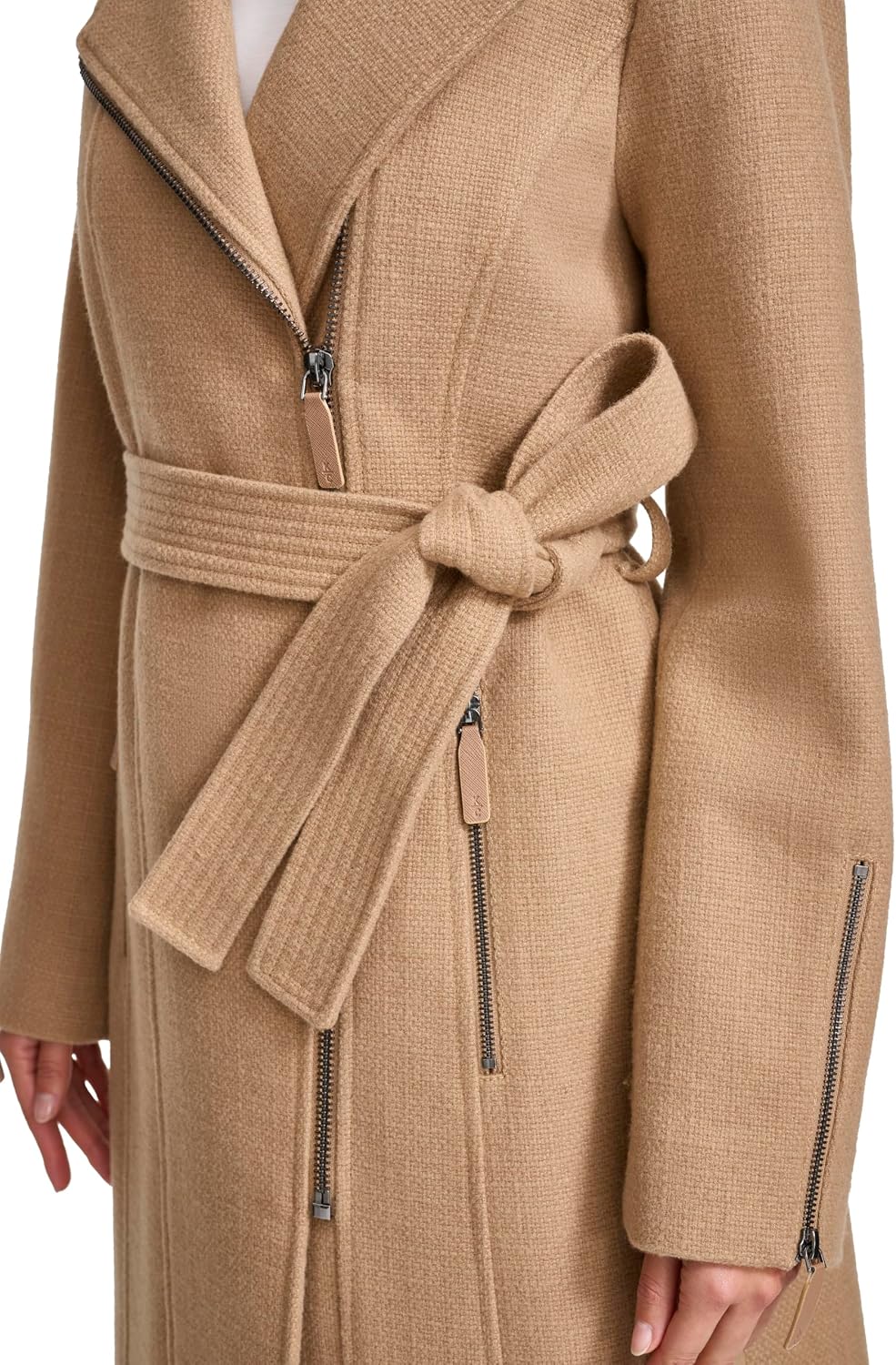Kenneth Cole Women's Wool Tweed Textured Asymmetrical Zip Belted Wool Coat With Zipper Trim