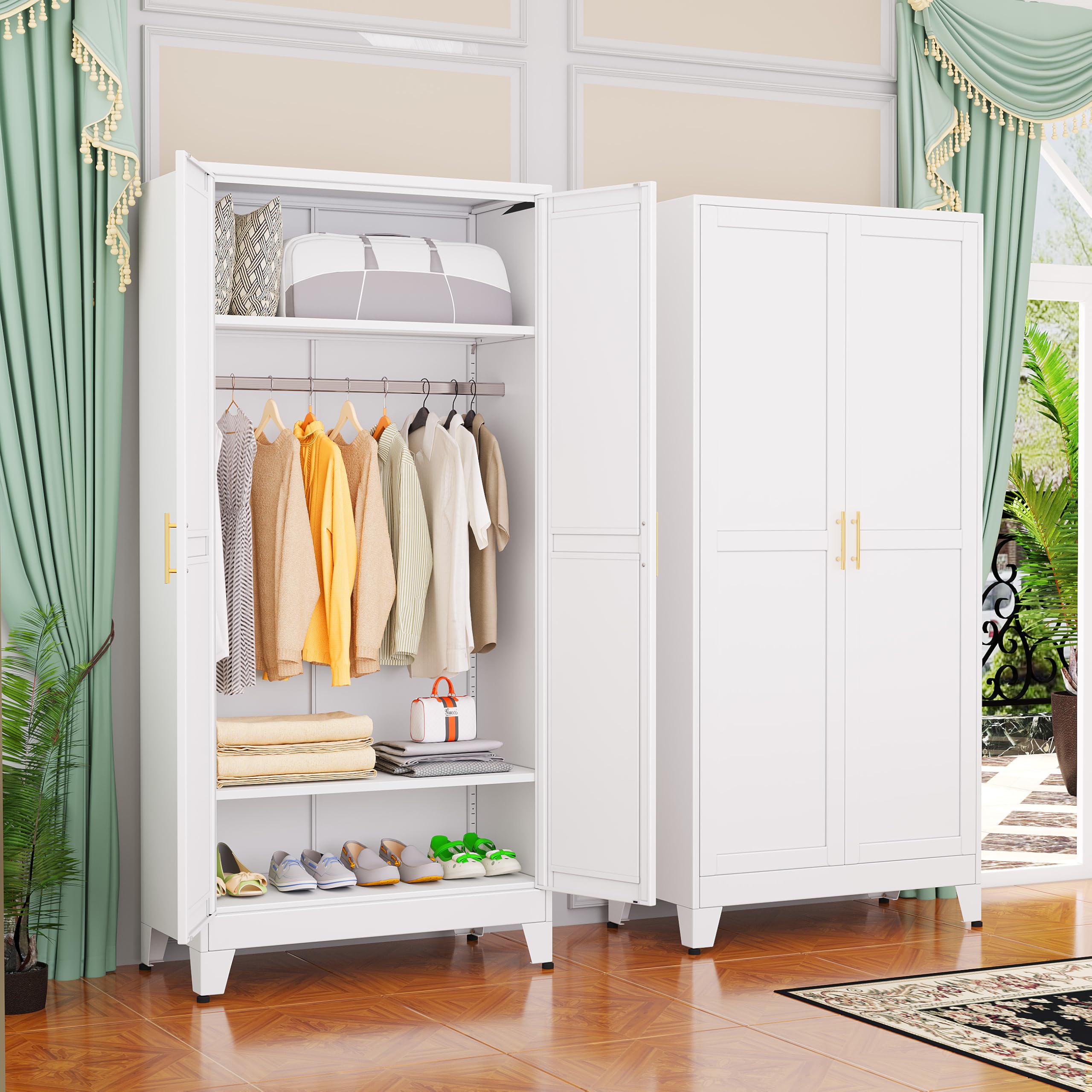 GAIOUS Metal Wardrobe Cabinet with Hanging Rod, Clothing Storage Cabinets
