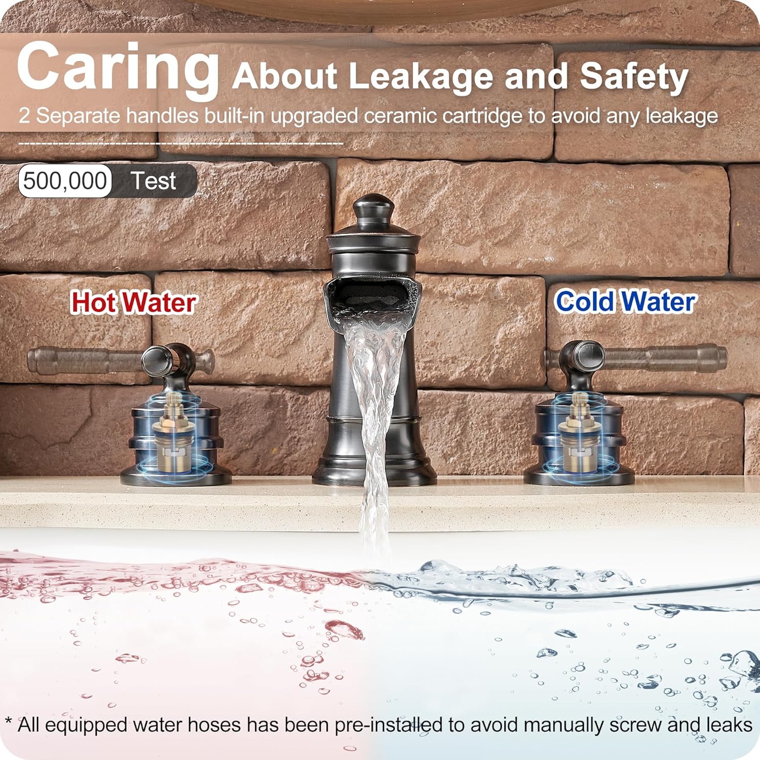 Oil Rubbed Bronze Bathroom Faucet, Brass Waterfall Faucet Widespread Bathroom Sink Faucet 3 Hole, 4-16 Inch Bathroom Faucets with Pop Up Drain 2 Handle & Supply Hose for Hotel Farmhouse Antique - Image 3