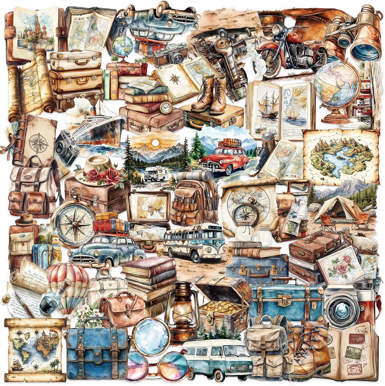 50Pcs Vintage Travel Stickers,Transparent PET Aesthetic Retro Clock Compass Camera Luggage Map Vinyl Decals for Kids Teens Adults, Travel World Vintage Items Sticker for DIY Laptops Guitar Journal