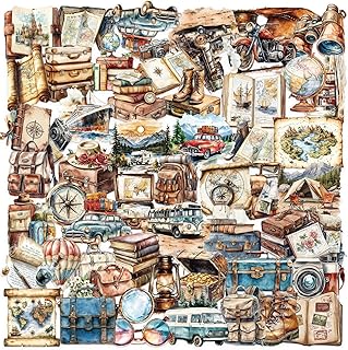 50Pcs Vintage Travel Stickers,Transparent PET Aesthetic Retro Clock Compass Camera Luggage Map Vinyl Decals for Kids Teens Adults, Travel World Vintage Items Sticker for DIY Laptops Guitar Journal