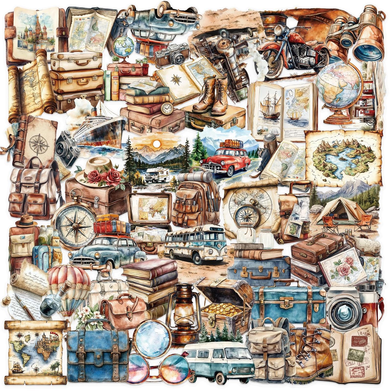 50 szt. naklejek podróżnych w stylu vintage, przezroczyste, z motywem zwierząt domowych, estetyczny zegar retro, aparat fotograficzny, mapa bagażu, winylowe naklejki dla dzieci, nastolatków, dorosłych