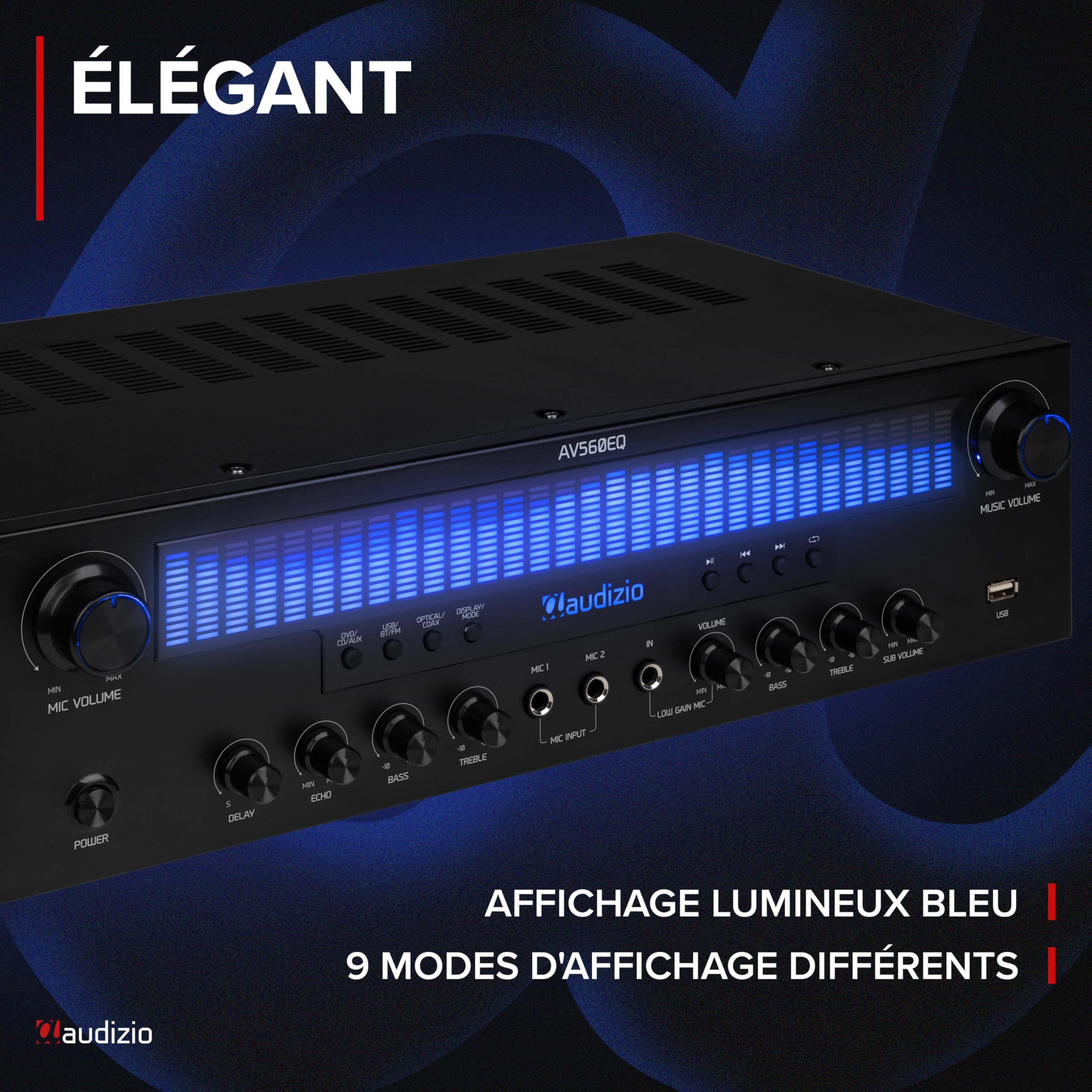 Audizio AV560EQ - Amplificateur Home Cinema 5.1 390 W avec Bluetooth, USB, FM, Karaoké & Entrées Numériques