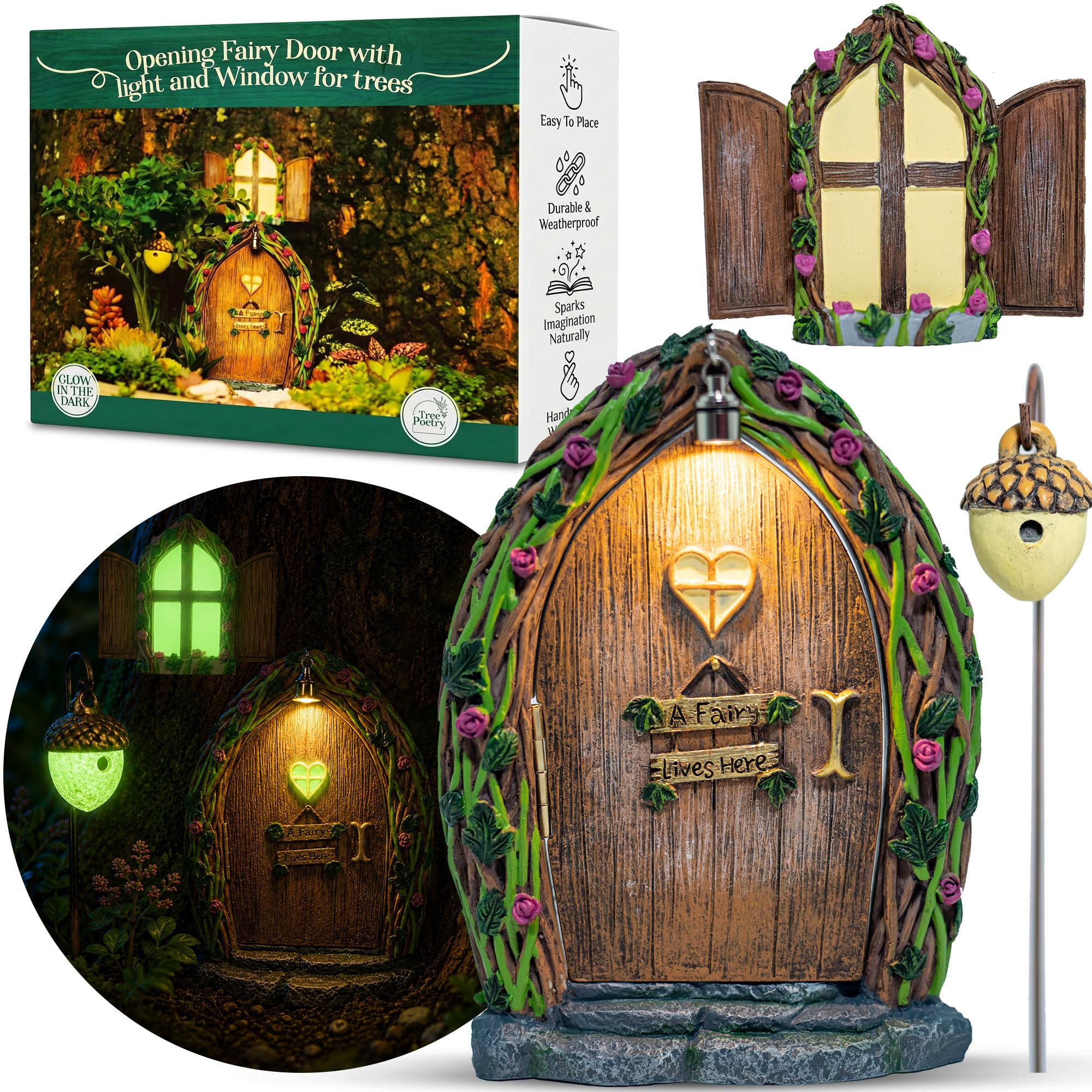 Tree Poetry Juego de Puerta y Ventana de Hadas para árboles, Kit de jardín de Hadas con luz, decoración
