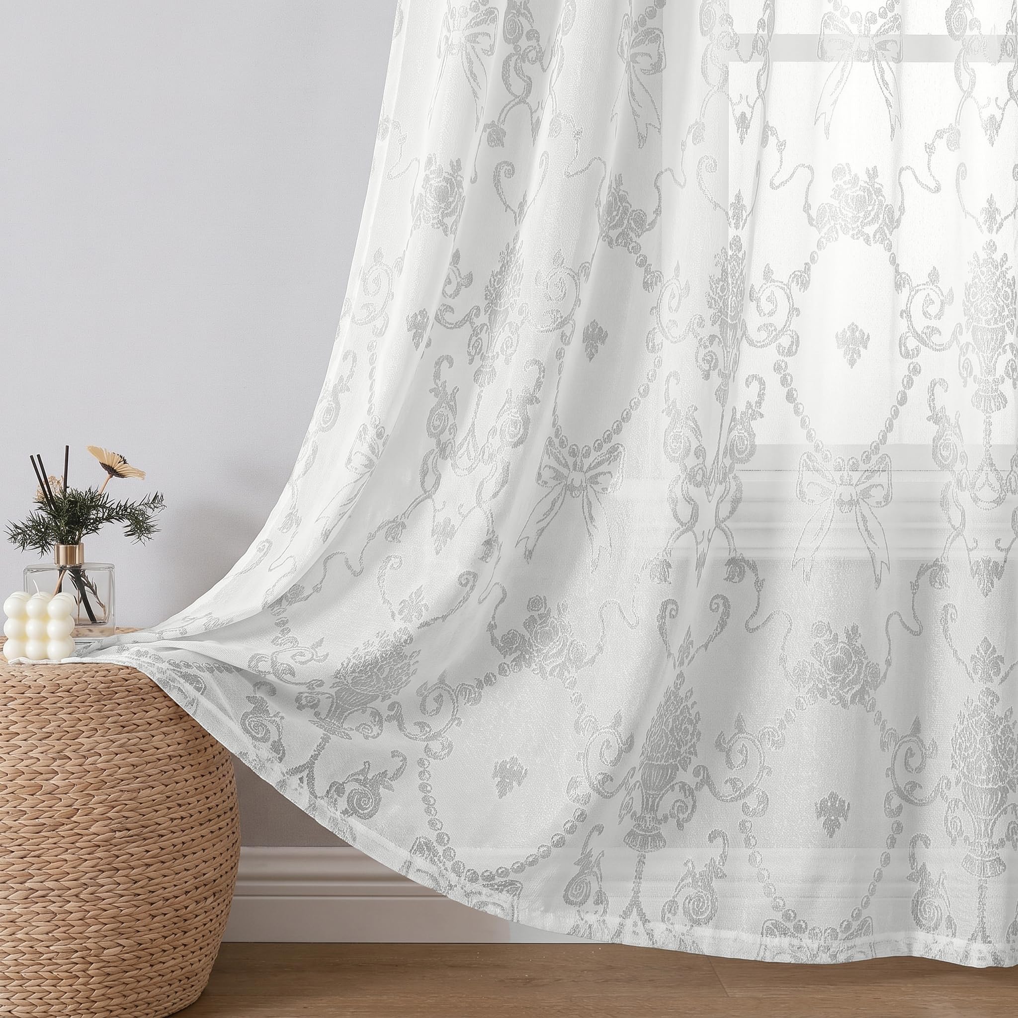 Gazal Vole Halbtransparente Jacquard Gardinen mit Blumenmuster – Voile Ösenschal Vorhänge im Vintage Landhausstil für Wohnzimmer & Schlafzimmer