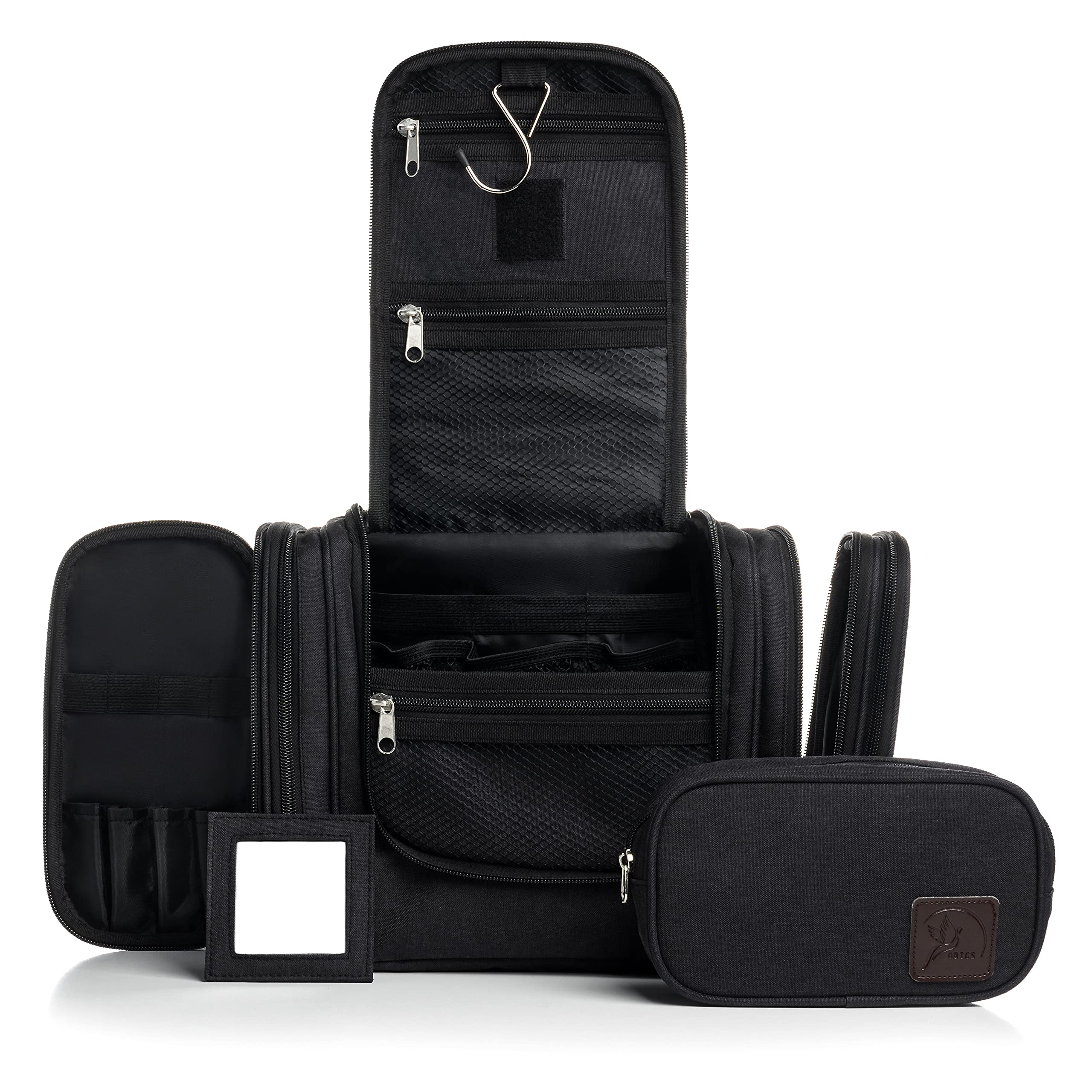 Obics Neceser 8L XXL Mujer Hombre Viaje Grande Negro - Bolsa de Aseo para Colgar con Espejo y Bolsa de Viaje - Neceser de Exterior Grande como Set de Regalo con 10 Compartimentos para Camping
