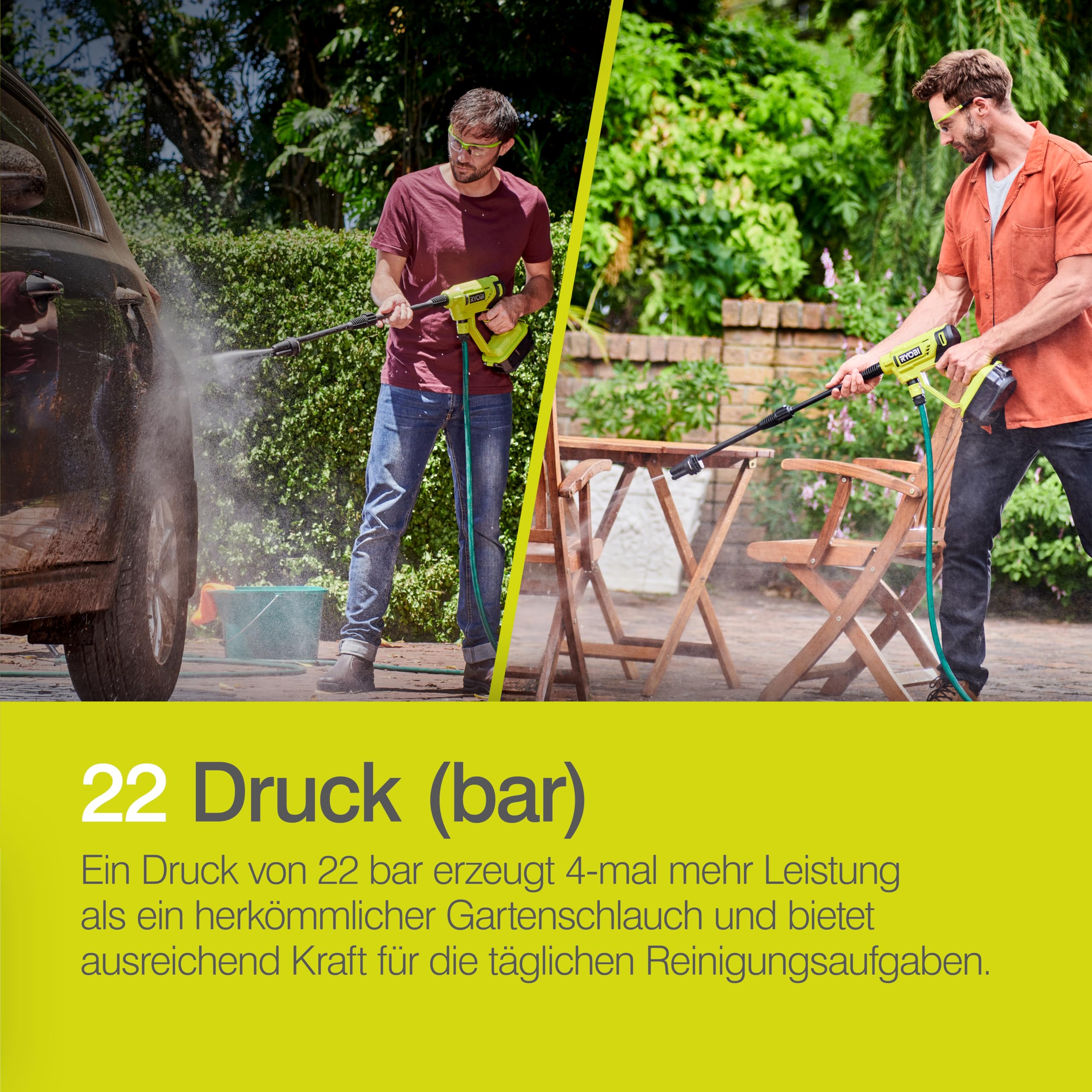 RYOBI 18 V ONE+ Akku-Mitteldruckreiniger RY18PW22A-0, 3in1 Düse