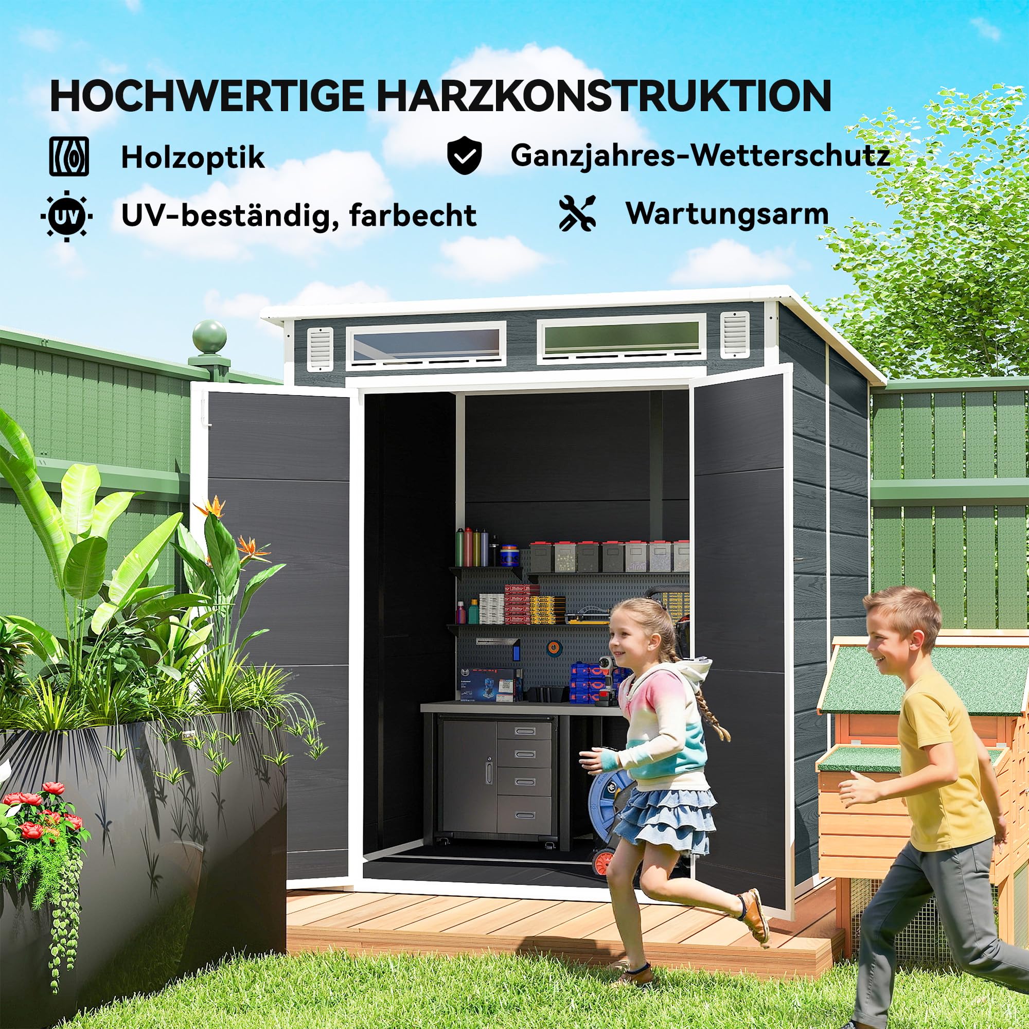 Outsunny Gerätehaus 2,89 m², Geräteschuppen mit Holzoptik 3 Fenster, 182 x 182 x 196 cm Kunststoff Gartenschuppen mit Doppeltür Belüftung Boden Schloss Handschuhe, Gartenhaus für Werkzeuge Fahrrad