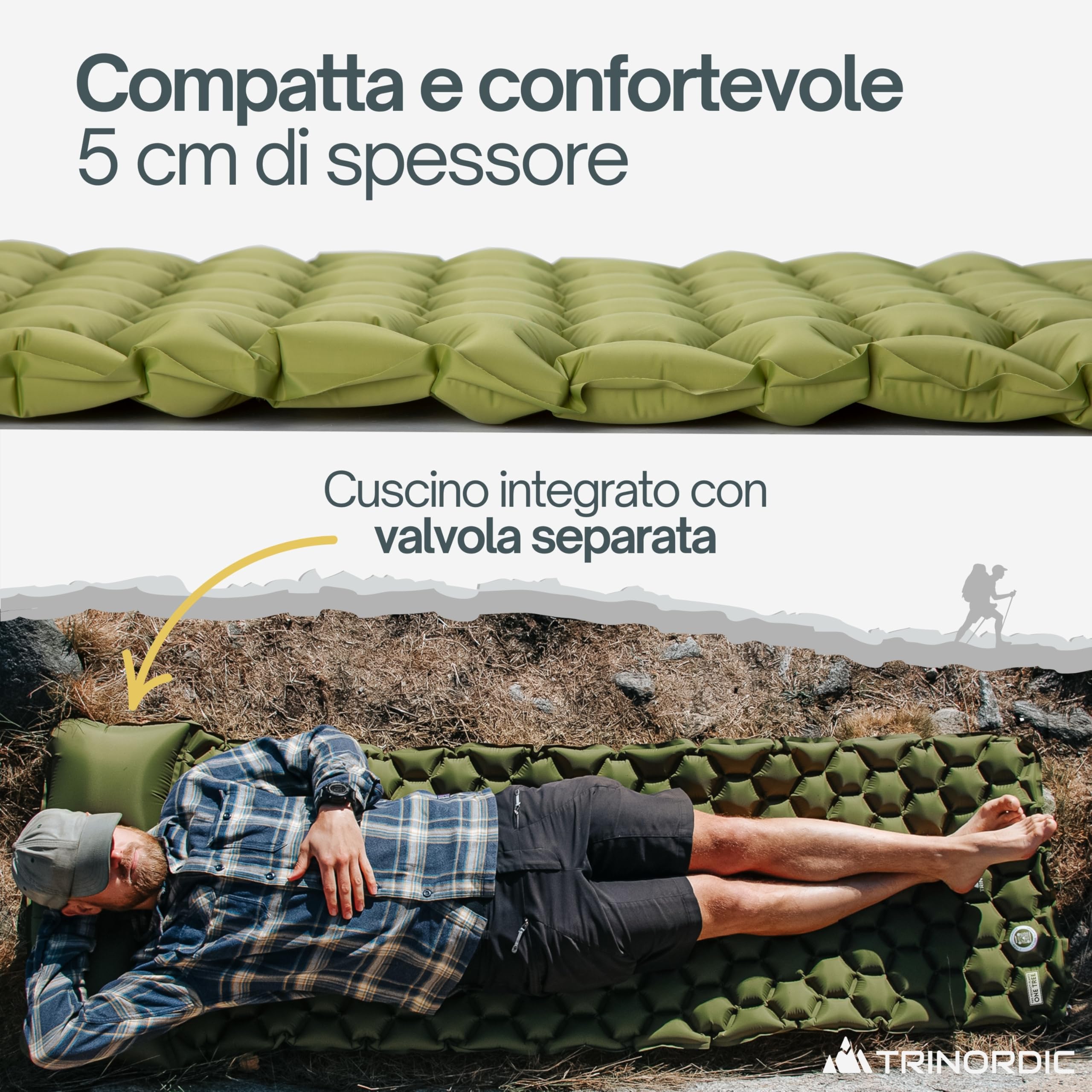 Trinordic, Materassino da campeggio singolo ultra leggero e gonfiabile, con cuscino, per dormire, pieghevole, leggero, portatile, per viaggi con zaino in spalla, escursionismo e viaggi