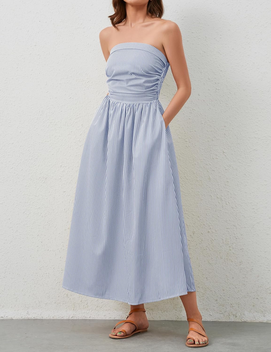 Women Striped Strapless Maxi Dress Summer Casual Sleeveless Flowy Tube Long Dress with Pocket - Image 6